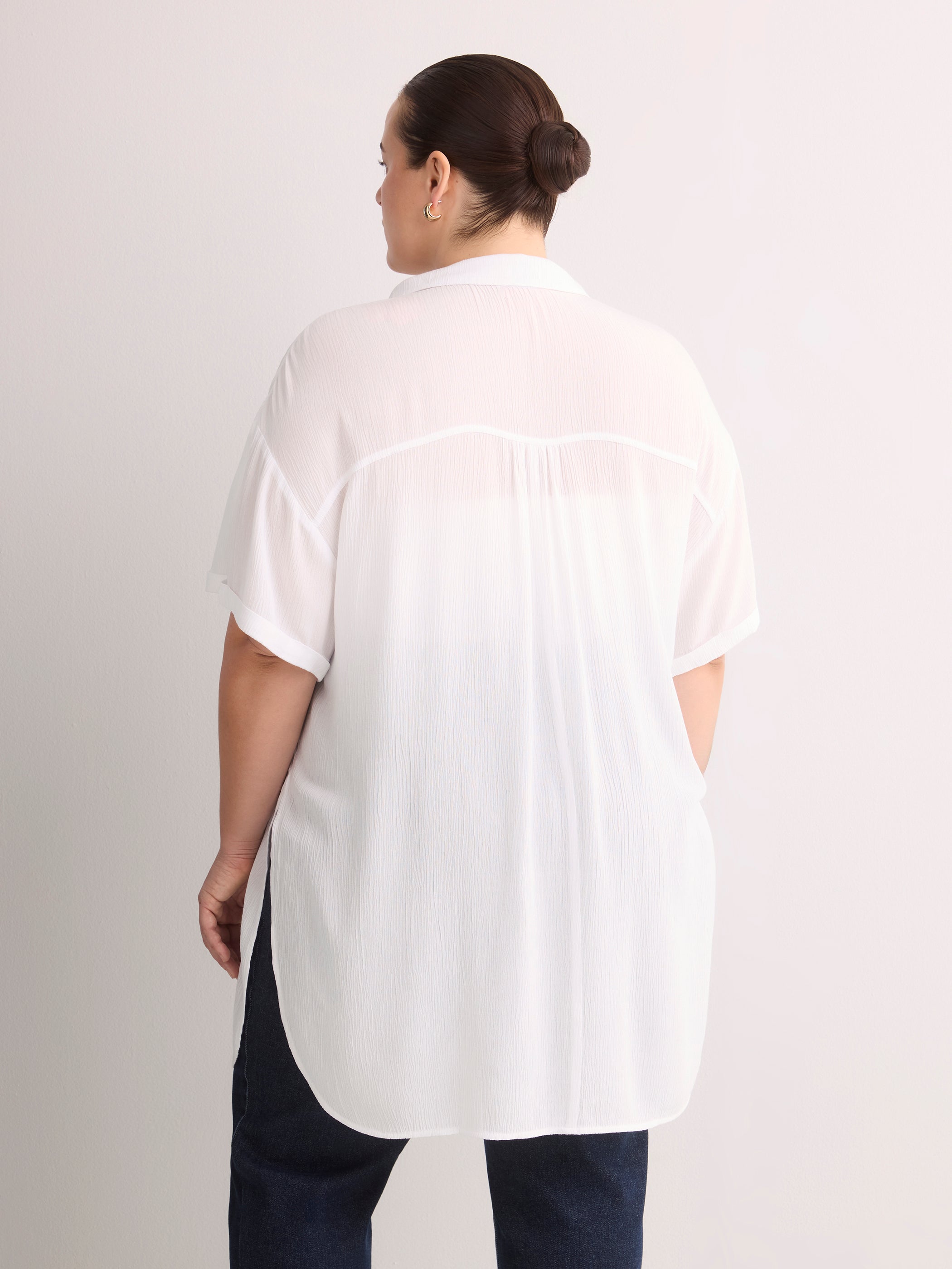 Loose-Fit Short-Sleeve Crinkle Buttoned-Down Tunic