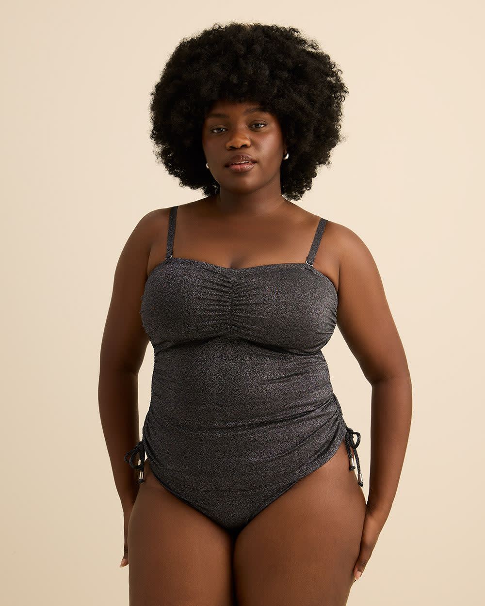 Short Shimmering Black Rushed Tube Tankini Top