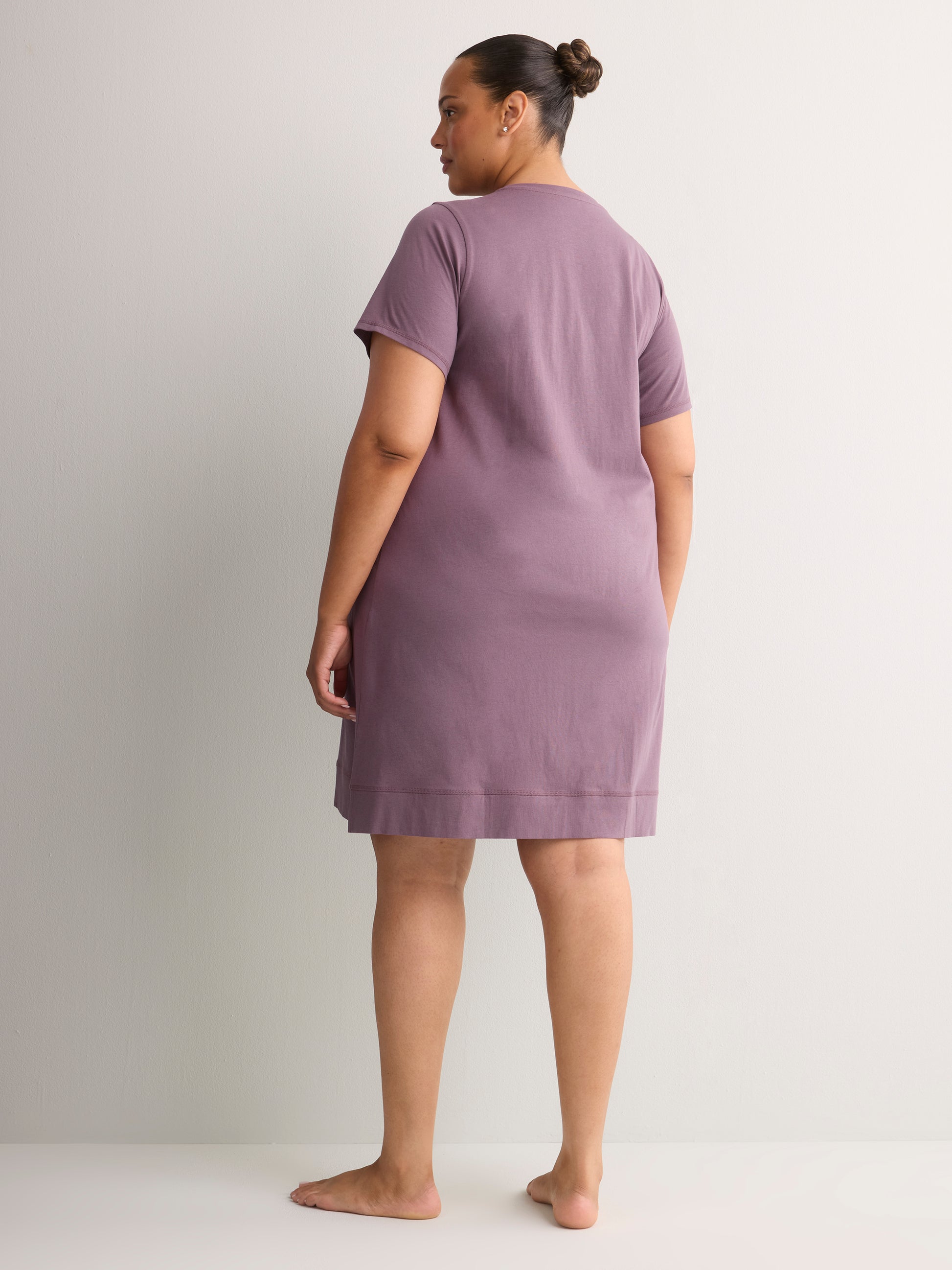 Plum Cotton Short-Sleeve Sleepshirt with Cat Chest Pocket - tiVOGLIO