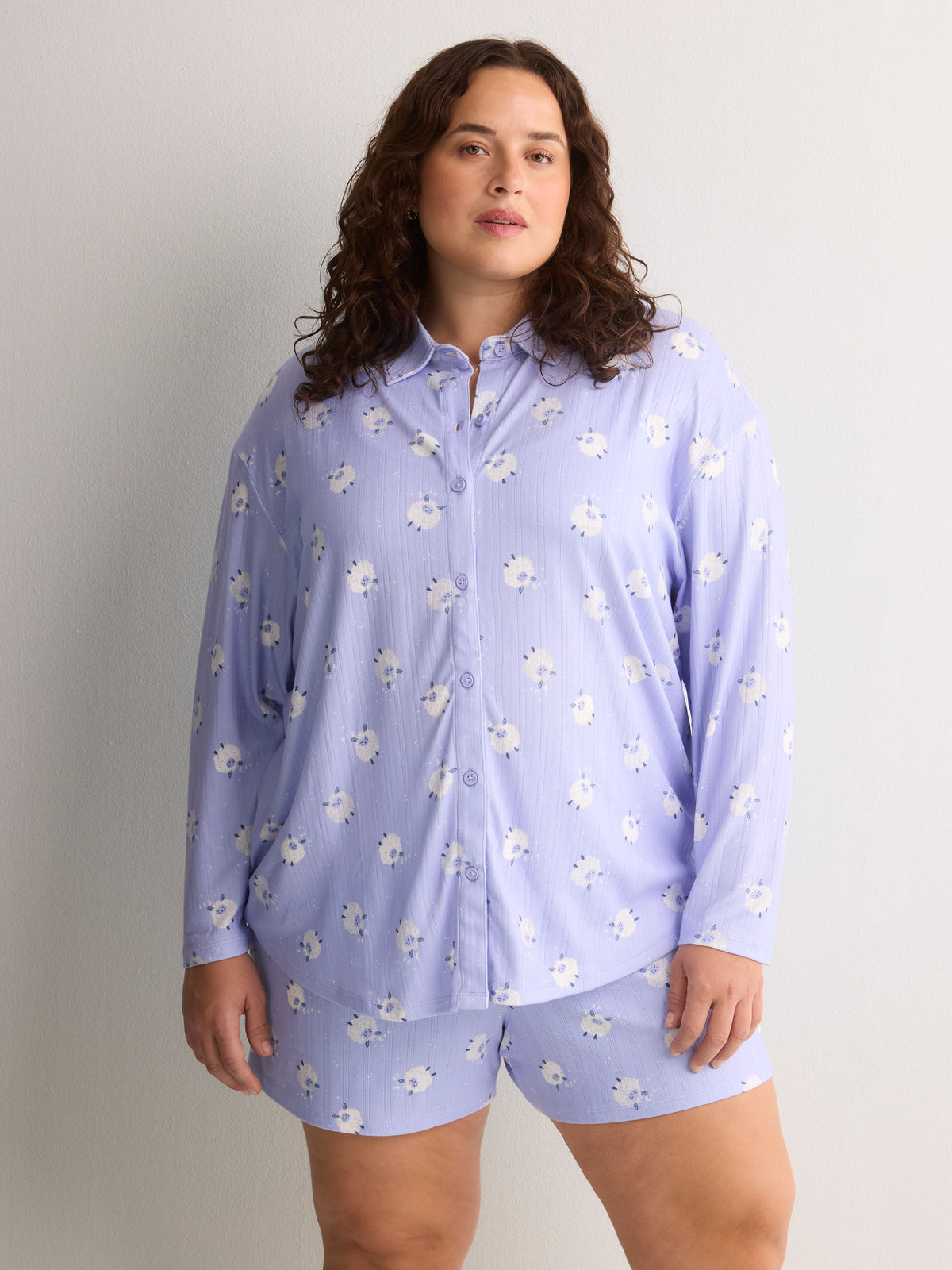 Sheep-Print Buttoned-Down Pointelle Pyjama Shirt - tiVOGLIO