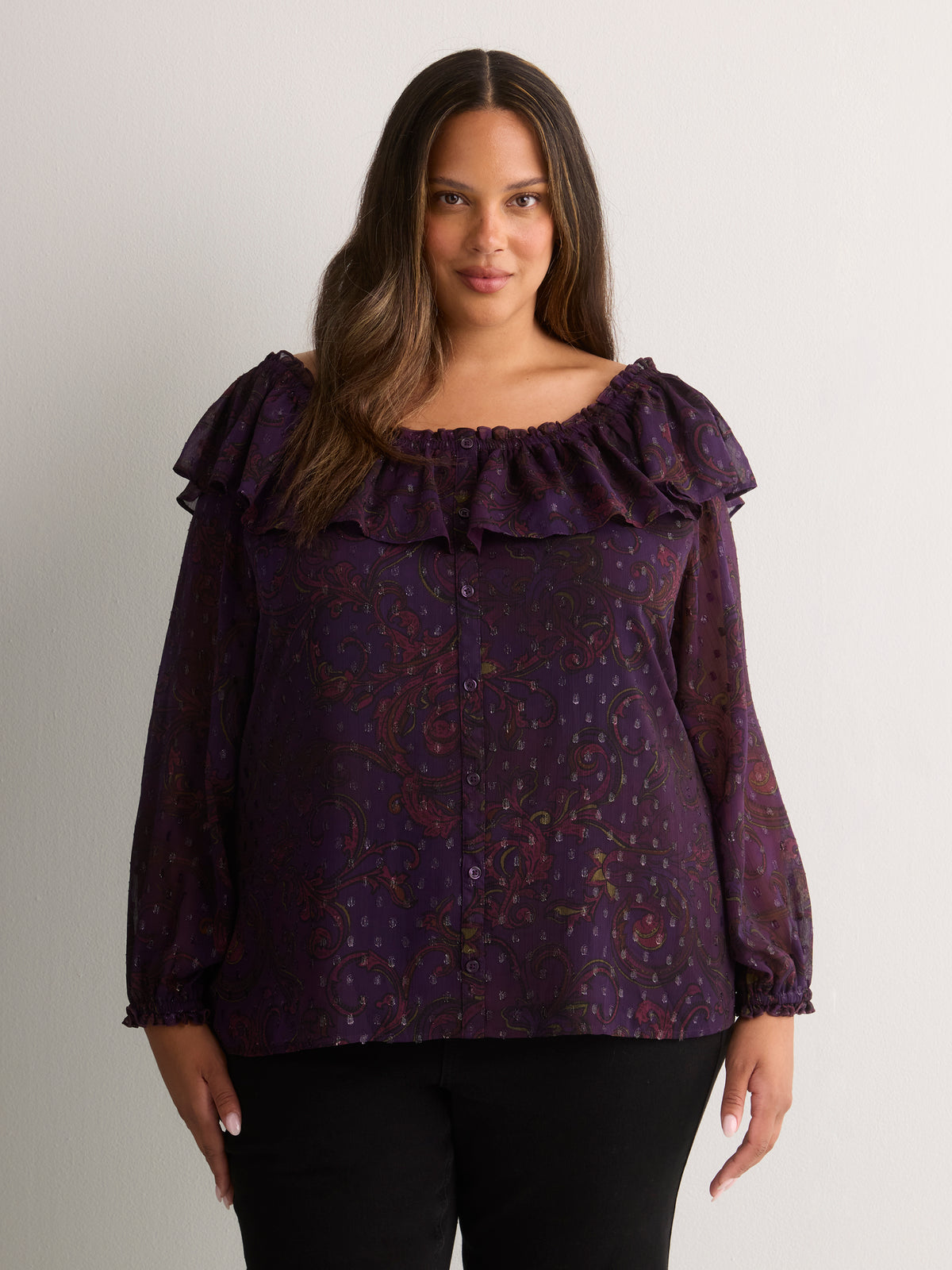 Purple Printed Buttoned-Down Swing Blouse with Open Ruffled Neckline
