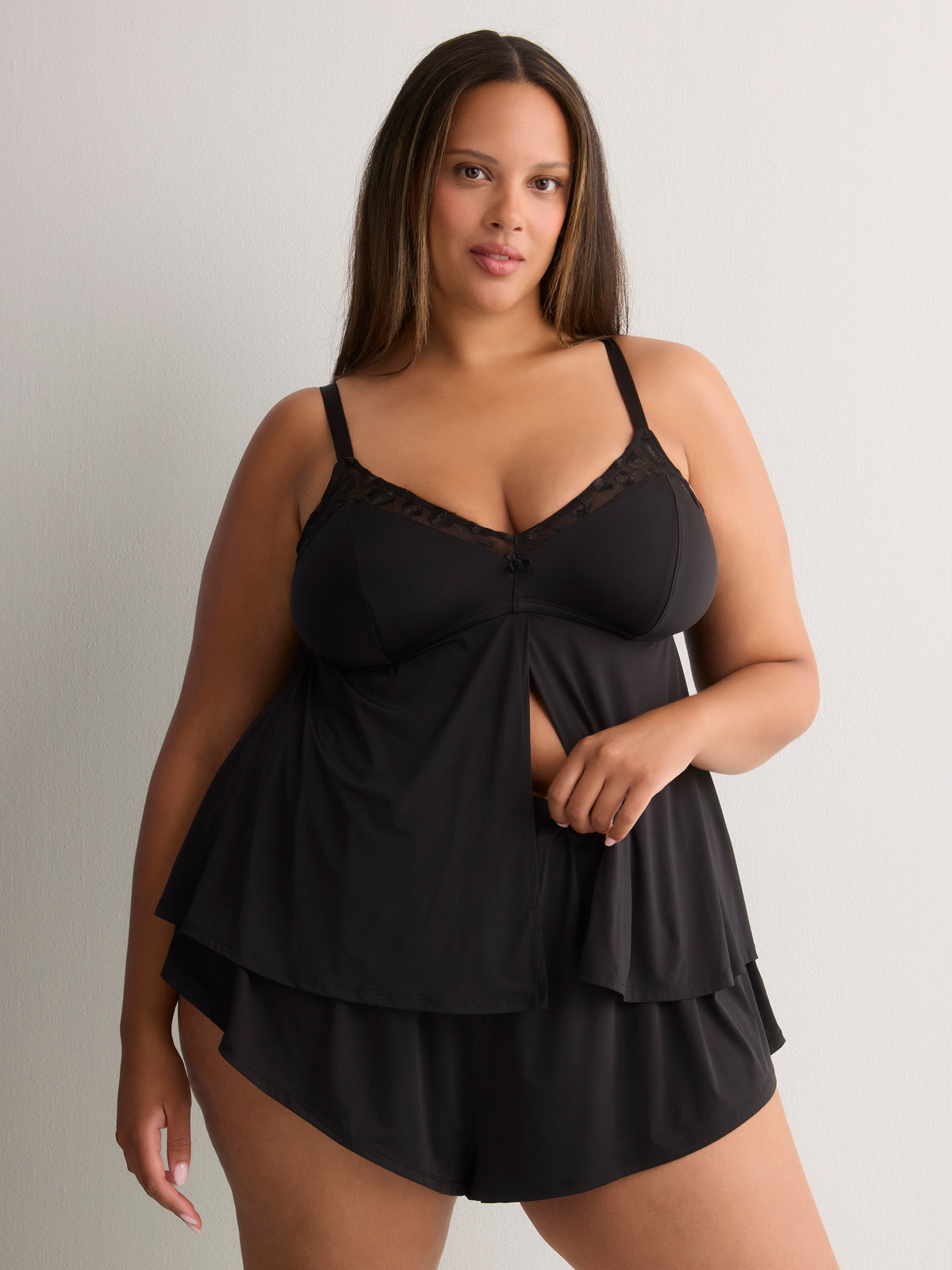 Sexy Black Fly-Away Babydoll with Cheetah Embroidery - Déesse Collection