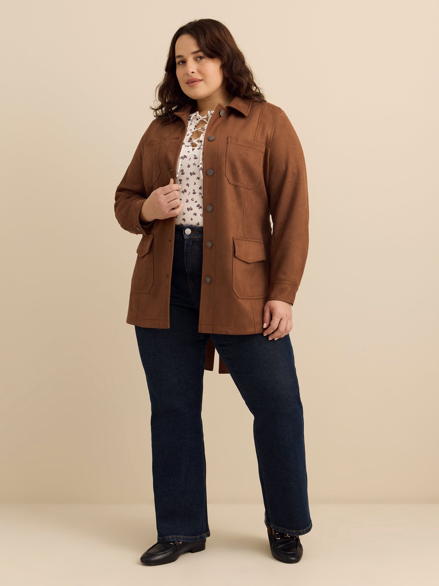 Veste safari marron en faux suède