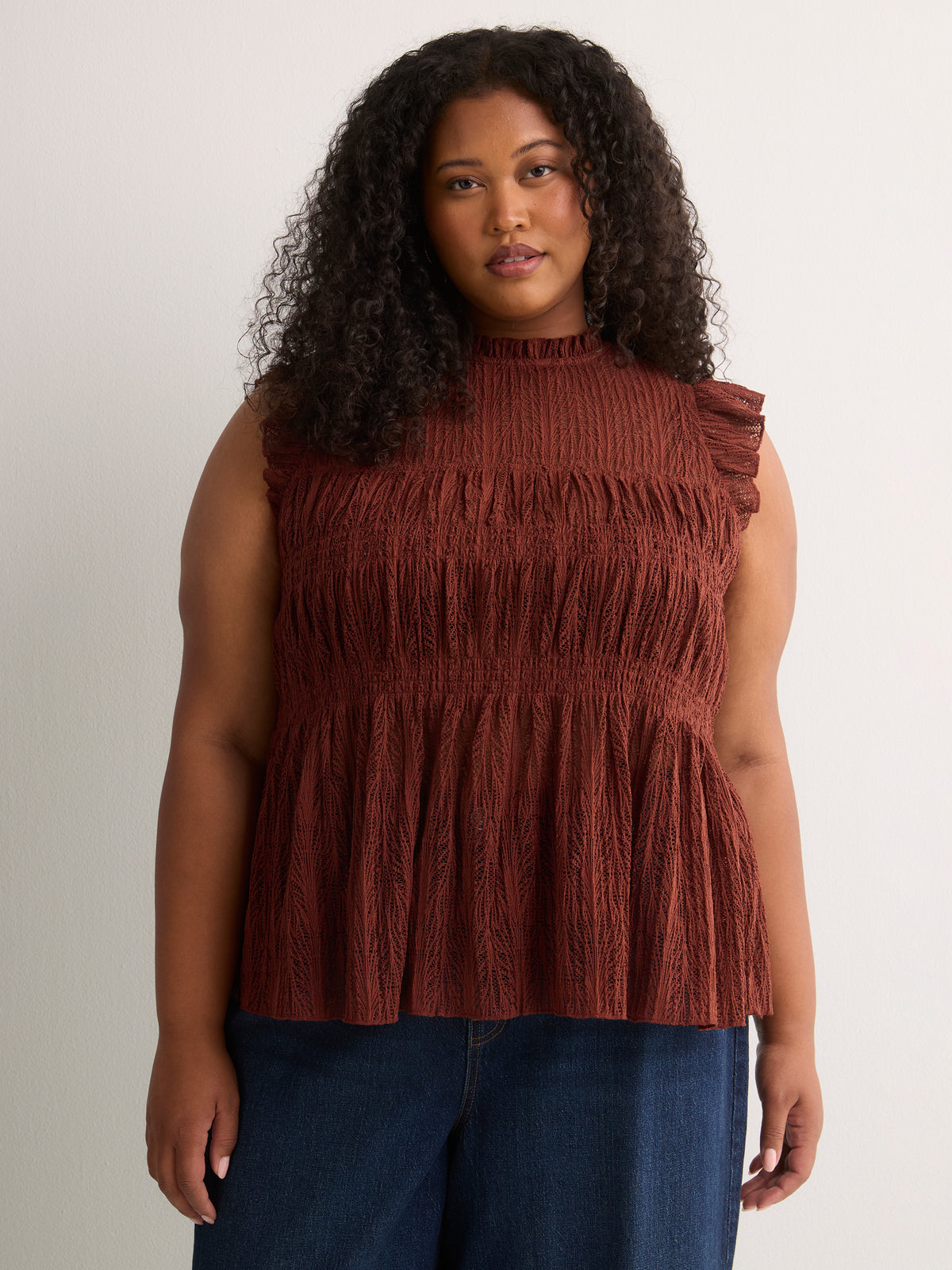 Smocked Lace Swing Top with Short Flutter Sleeves