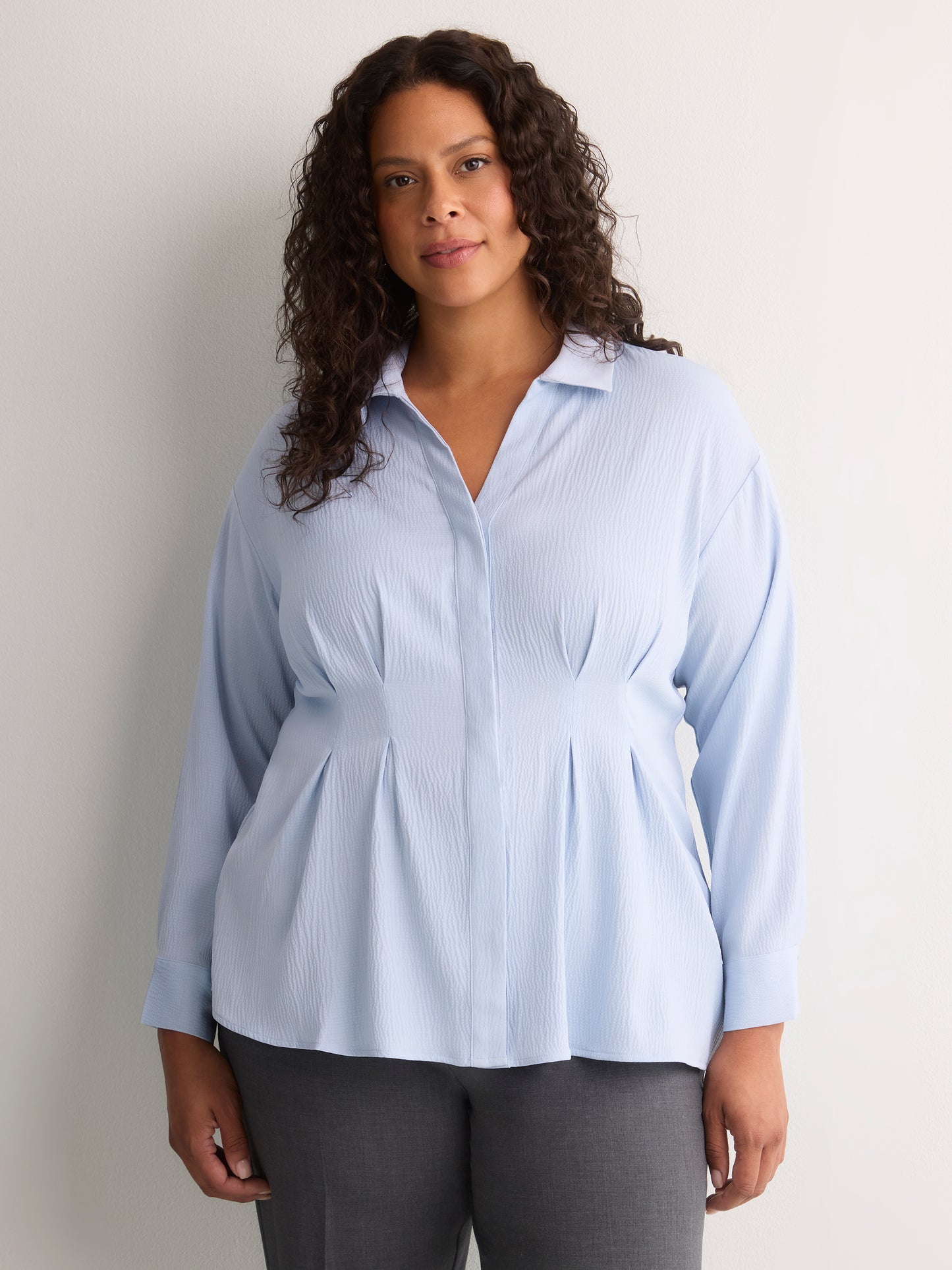 Soft Blue Textured Dropped-Shoulder Fit-and-Flare Shirt Blouse