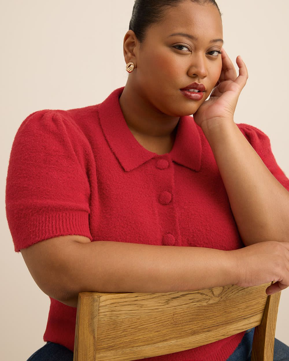 Red Plush Polo Sweater with Fancy Buttons