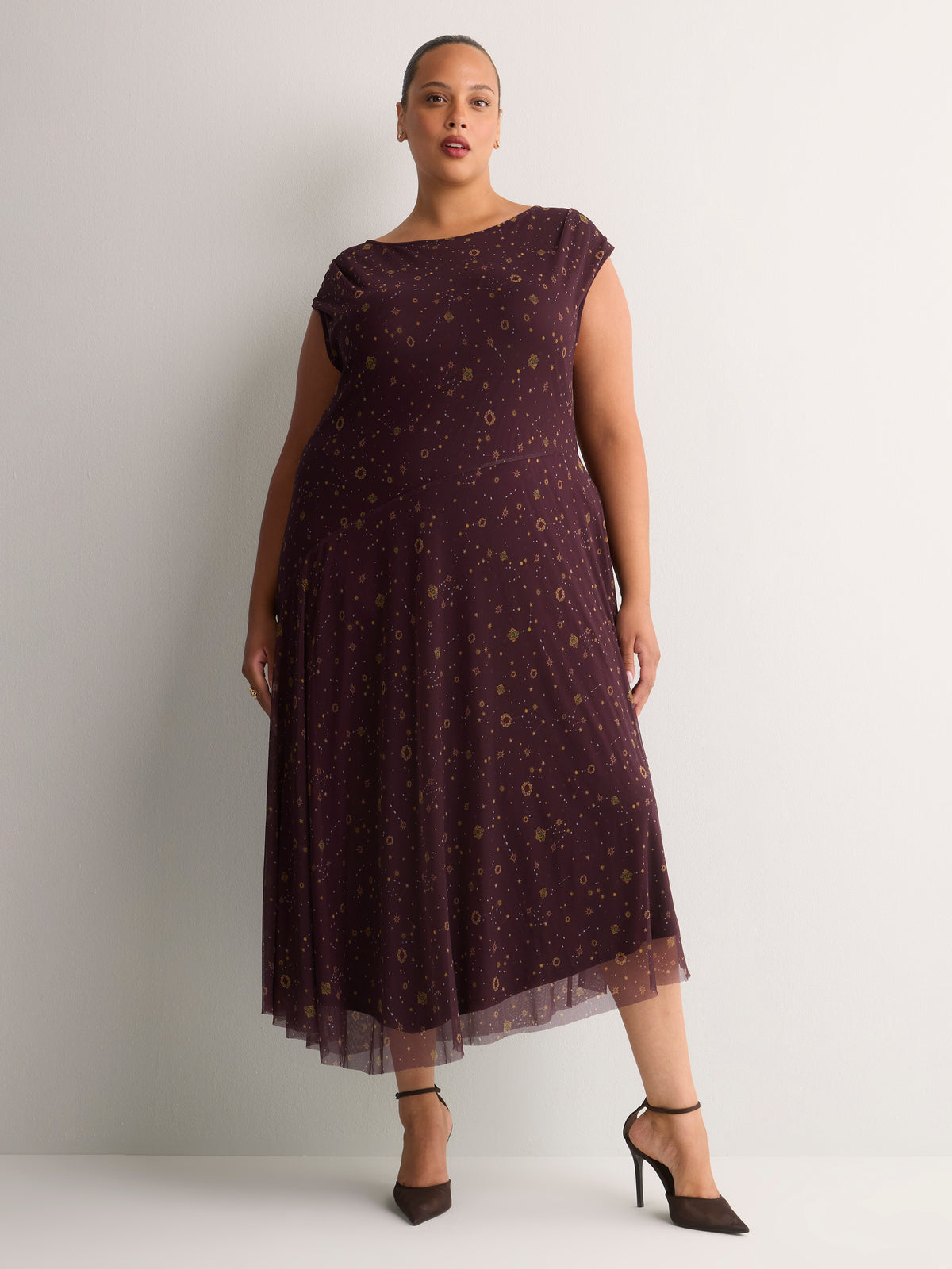 Brown Printed Sleeveless Boat-Neck Asymmetrical Midi Dress