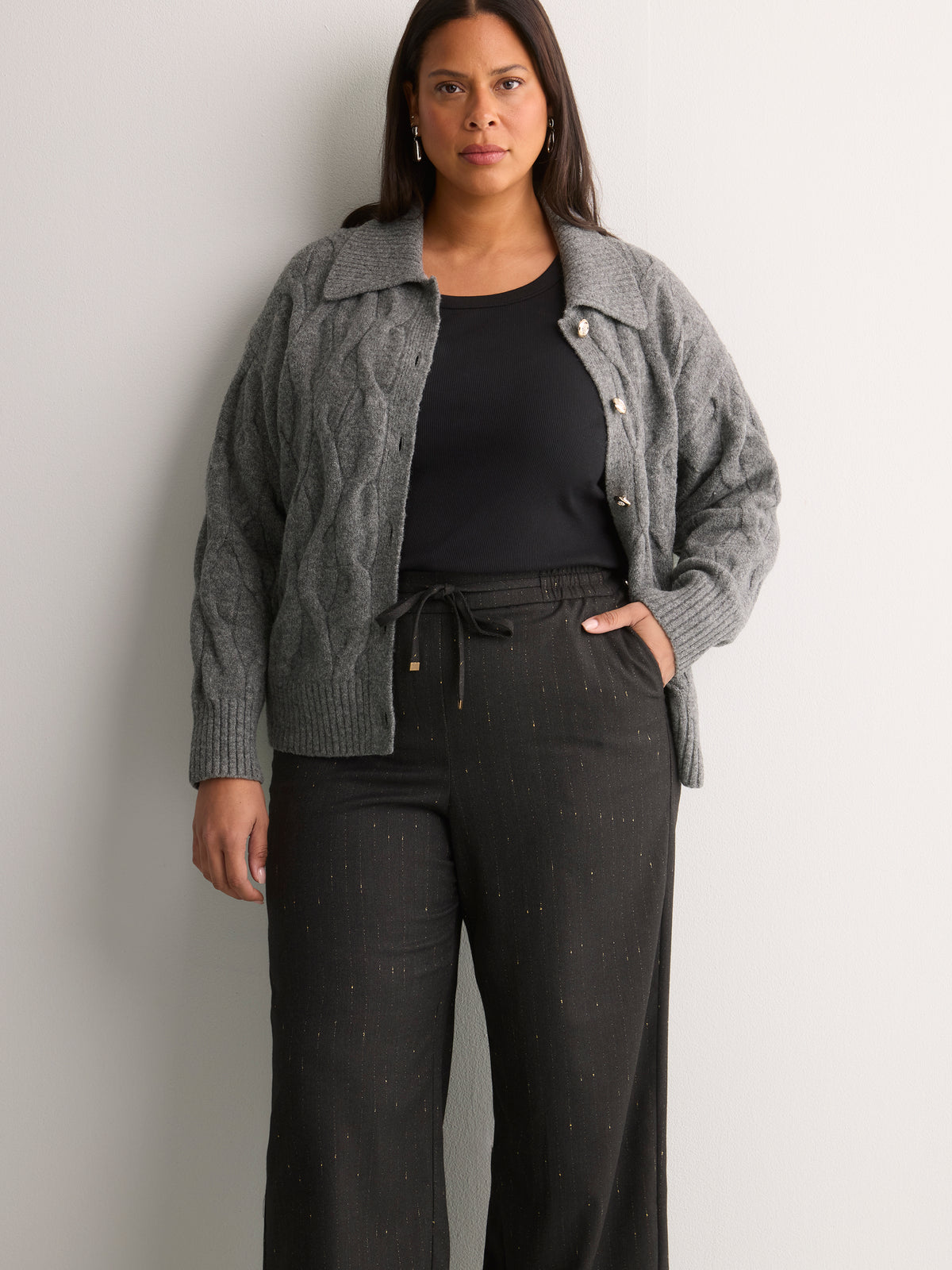 Grey Metallic Pinstripe Pull-On Wide-Leg Pant