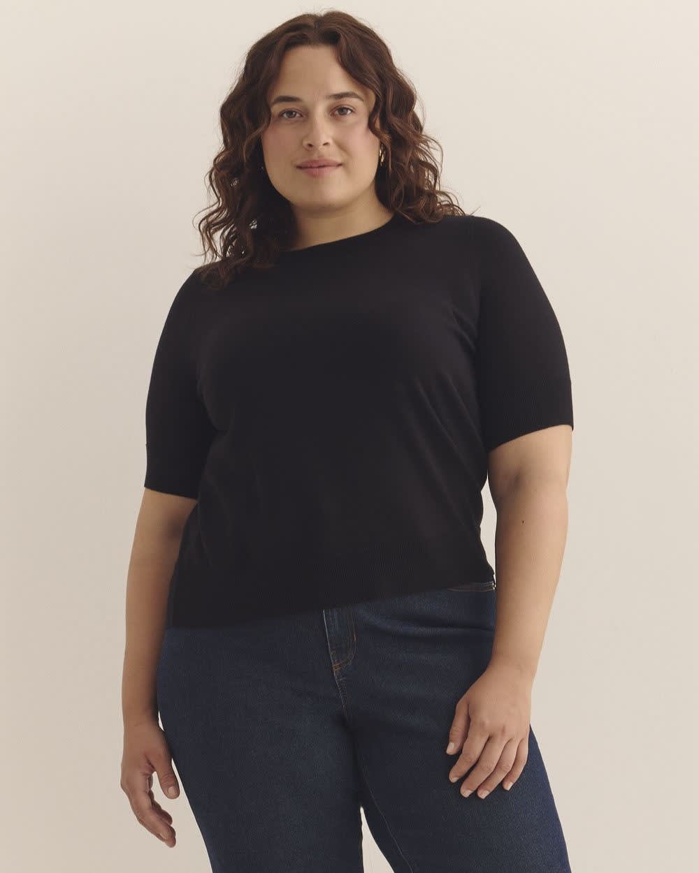 Pull à col rond et manches au coude, tissu responsable