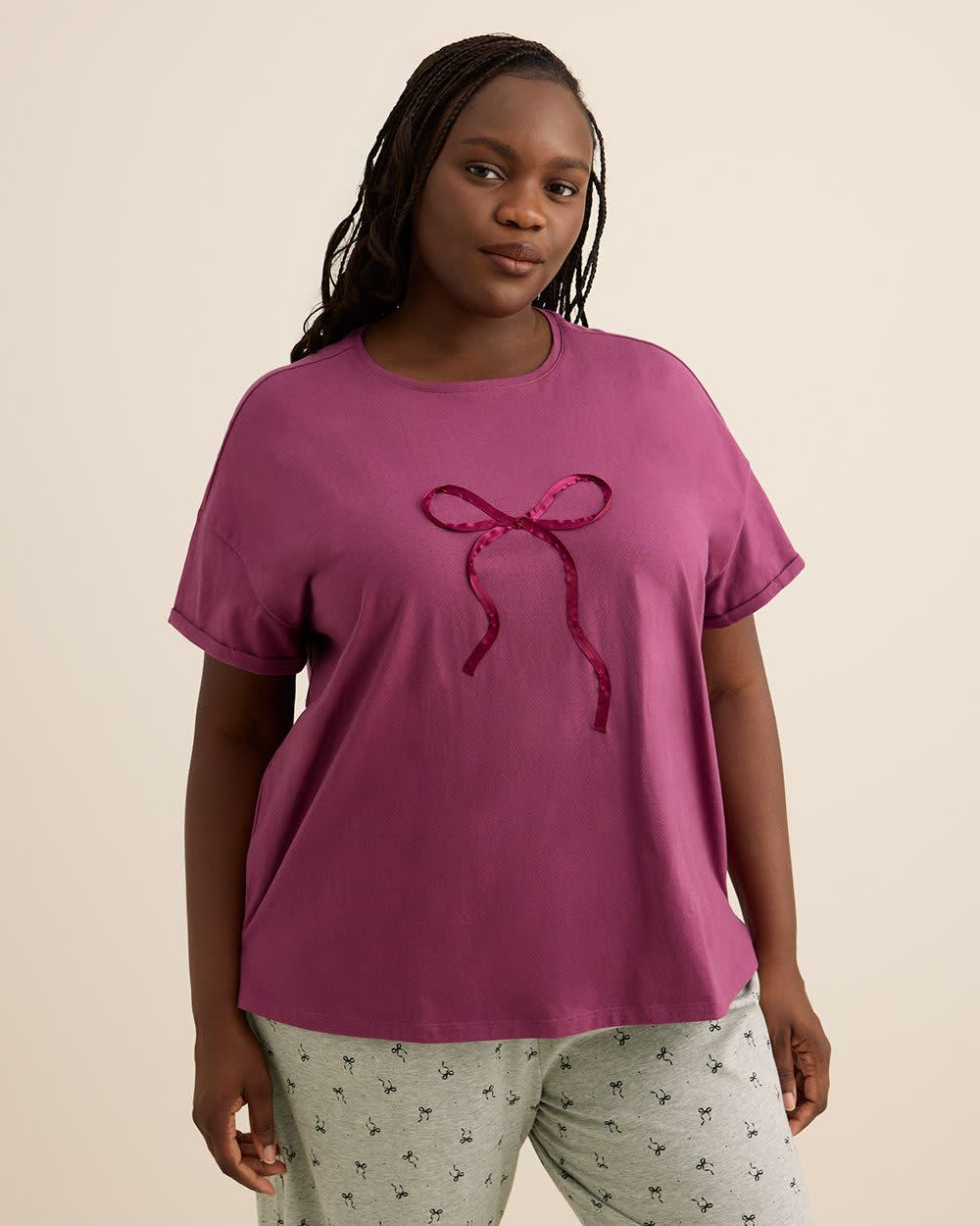 Haut de pyjama Penningtons en tricot – Coupe droite, jersey de coton, appliqué nœud en satin