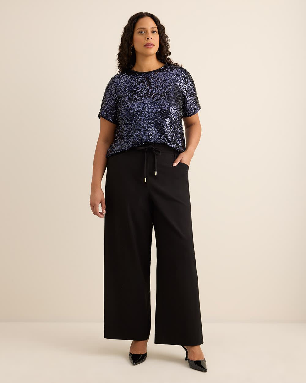 Short-Sleeve Sequins Crewneck Top