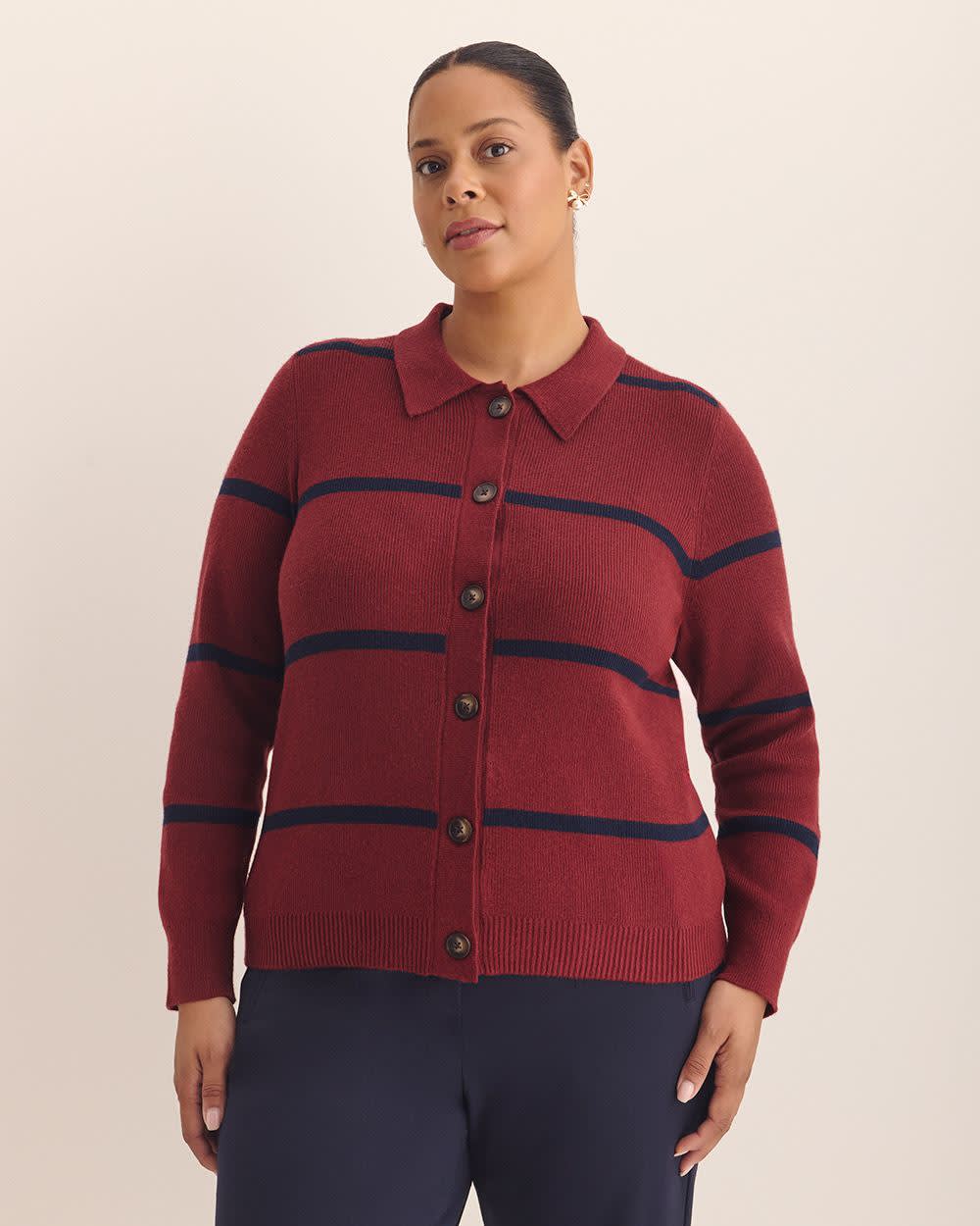 Responsible, Striped Buttoned-Down Polo Sweater Cardigan