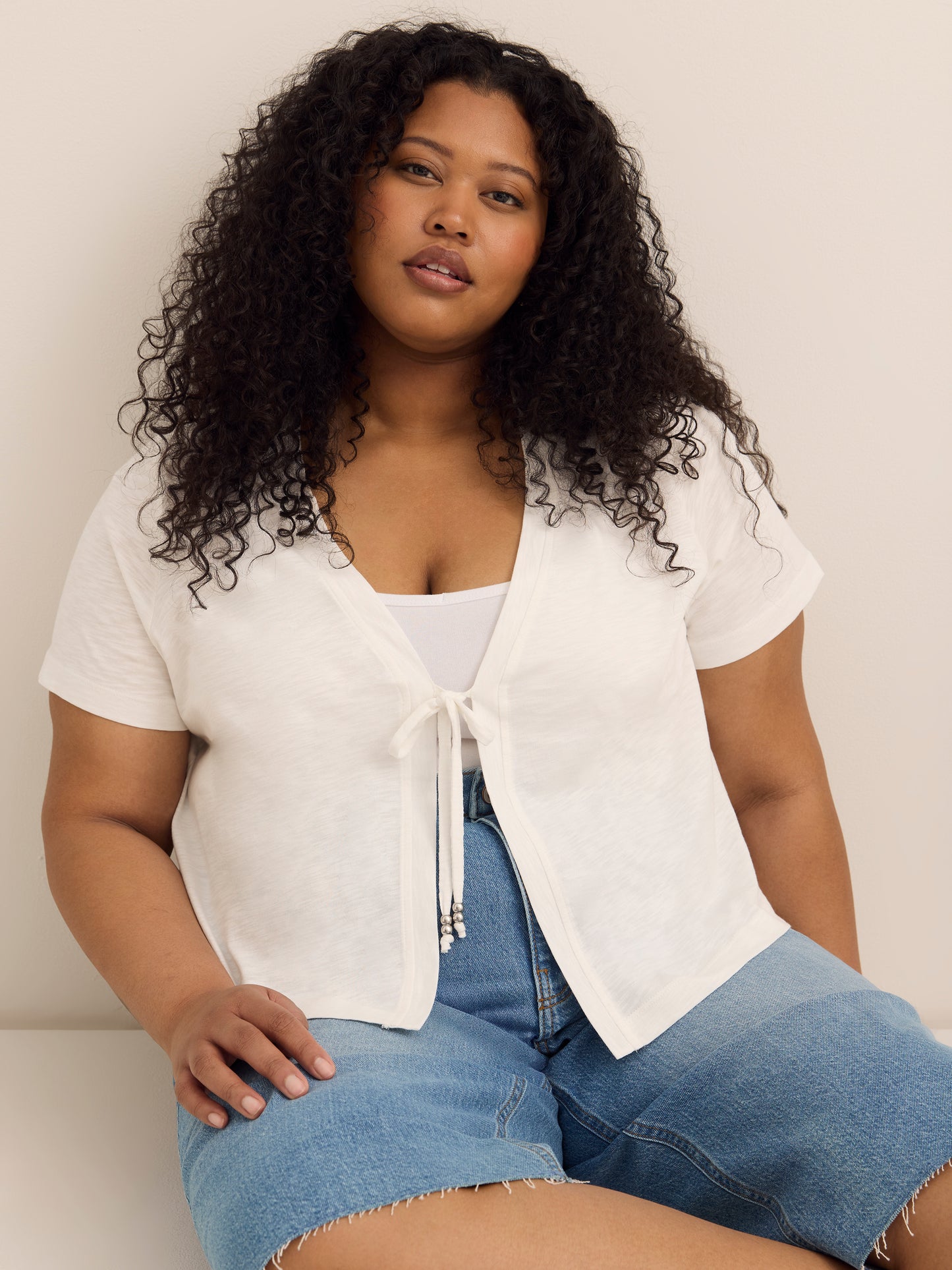 Tie-Front Short-Sleeve Cardigan