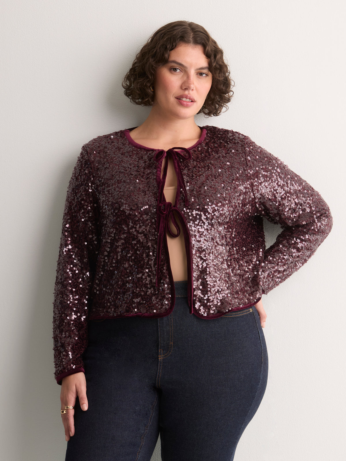 Plum Sequin Open Crop Cardigan