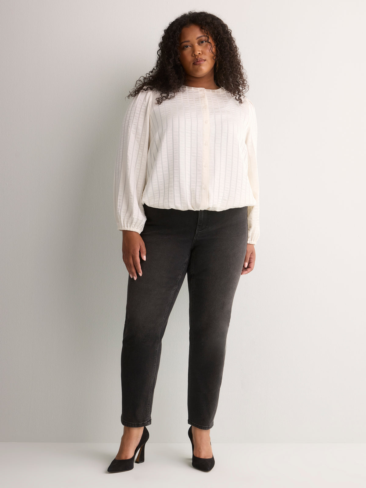 Short Buttoned-Down Elastic-Waist Blouse