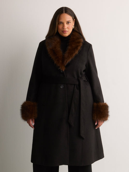 Long Belted Coat with Faux-Fur Collar and Cuffs