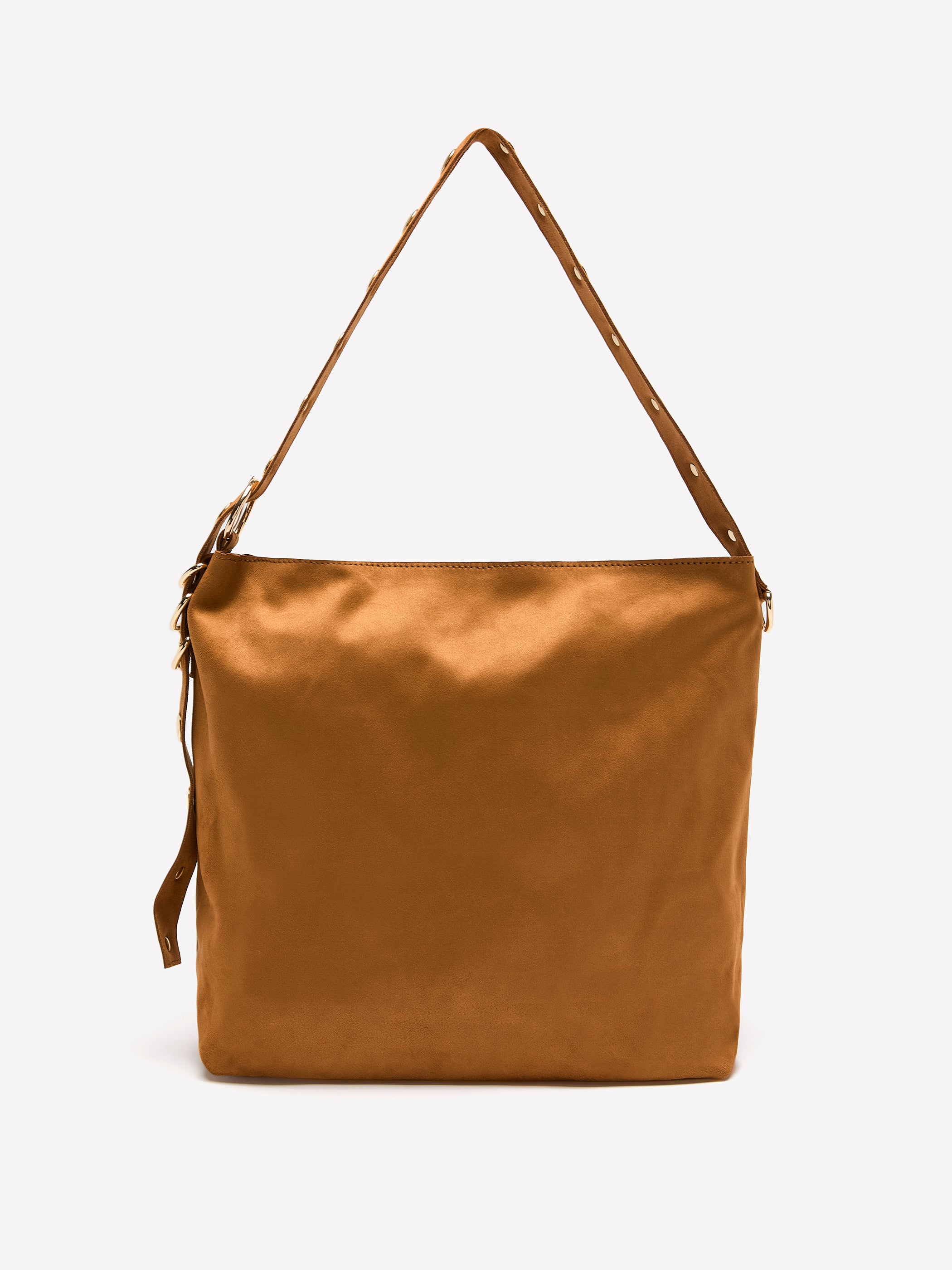 Large Cognac Faux-Suede Boho Bag with Studded Strap