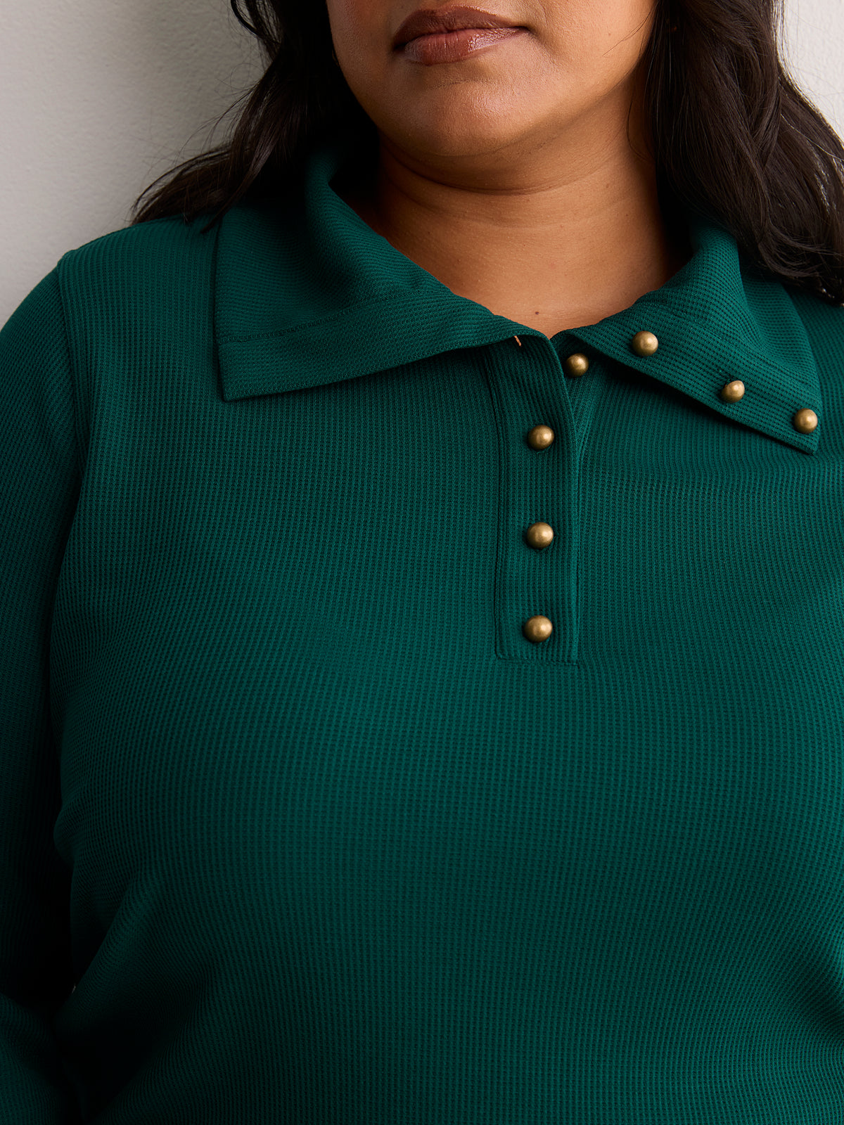 Loose Waffle Knit Tunic with Buttoned Collar