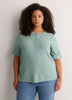 Straight Elbow-Sleeve Ribbed Knit Henley Top