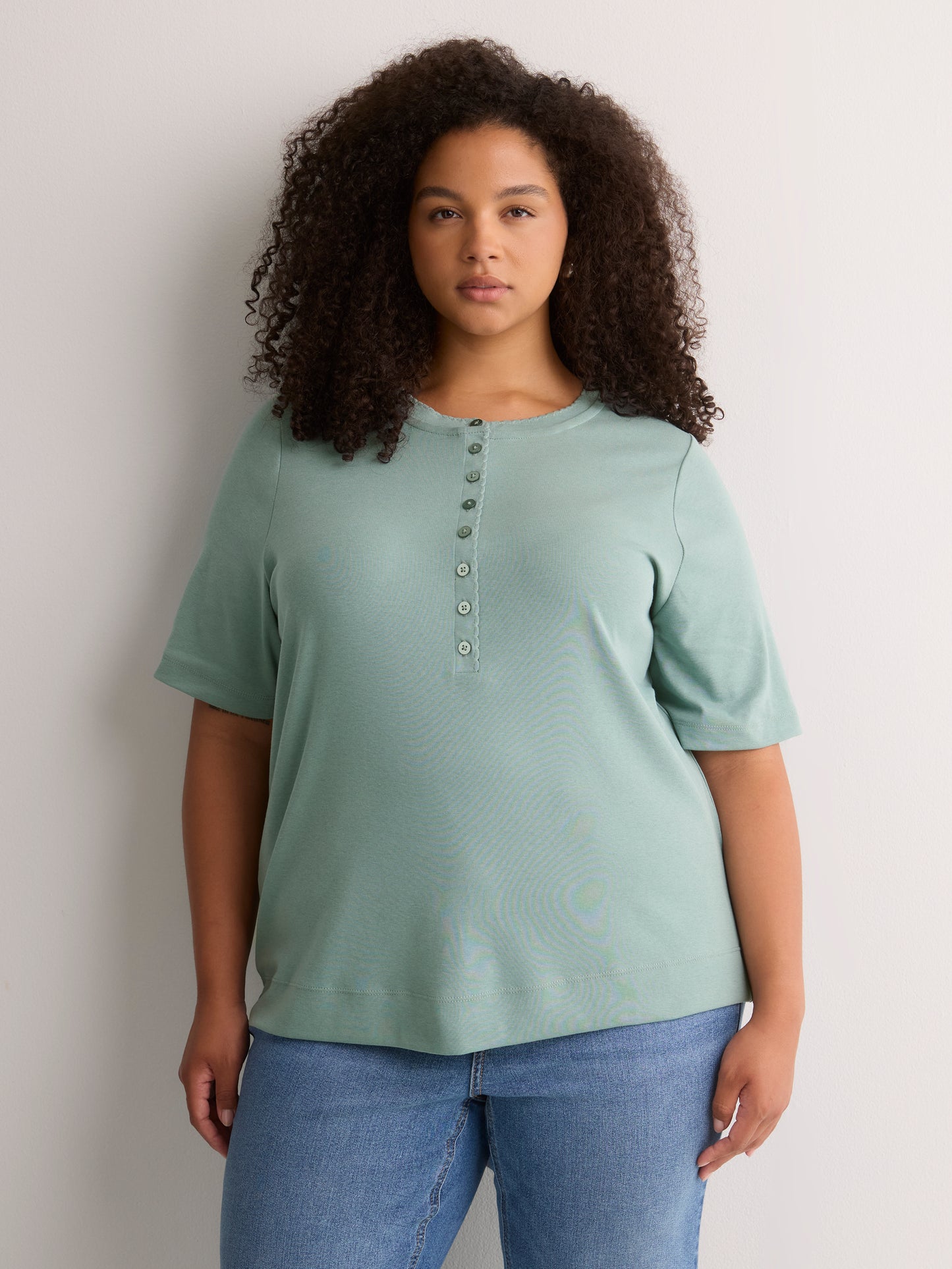 Straight Elbow-Sleeve Ribbed Knit Henley Top