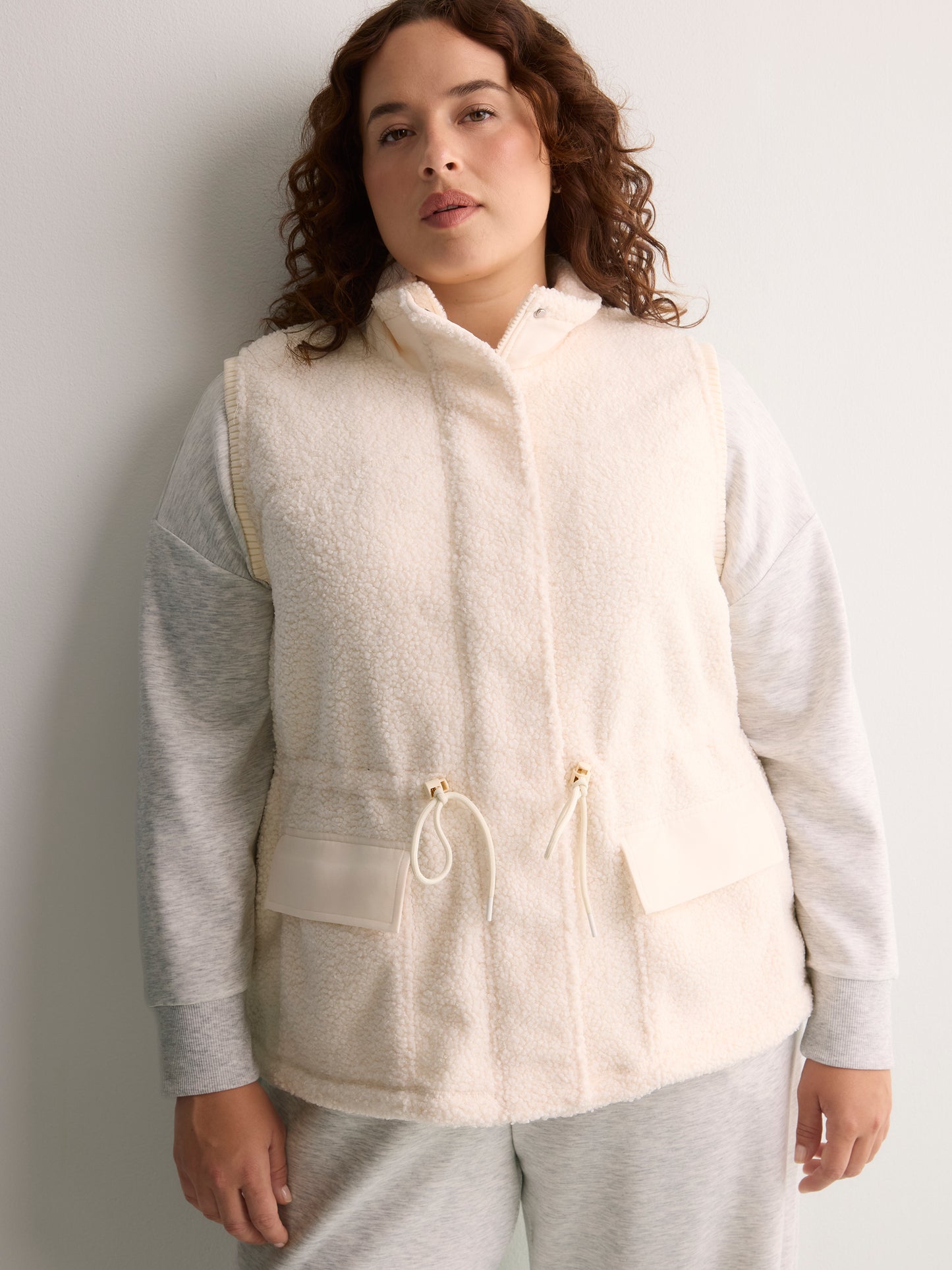 Beige Sherpa Cinched-Waist Vest - Active Zone