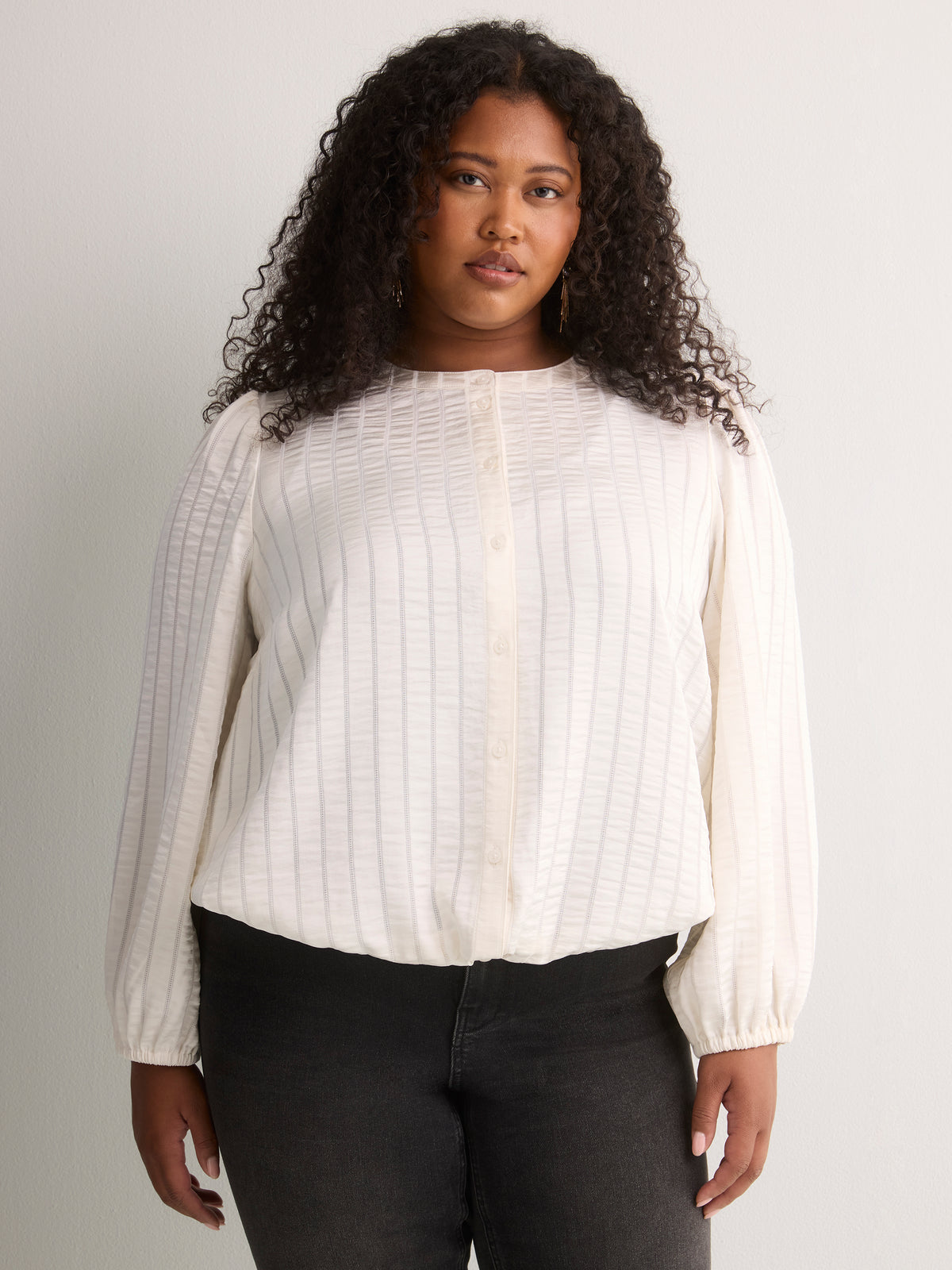 Short Buttoned-Down Elastic-Waist Blouse