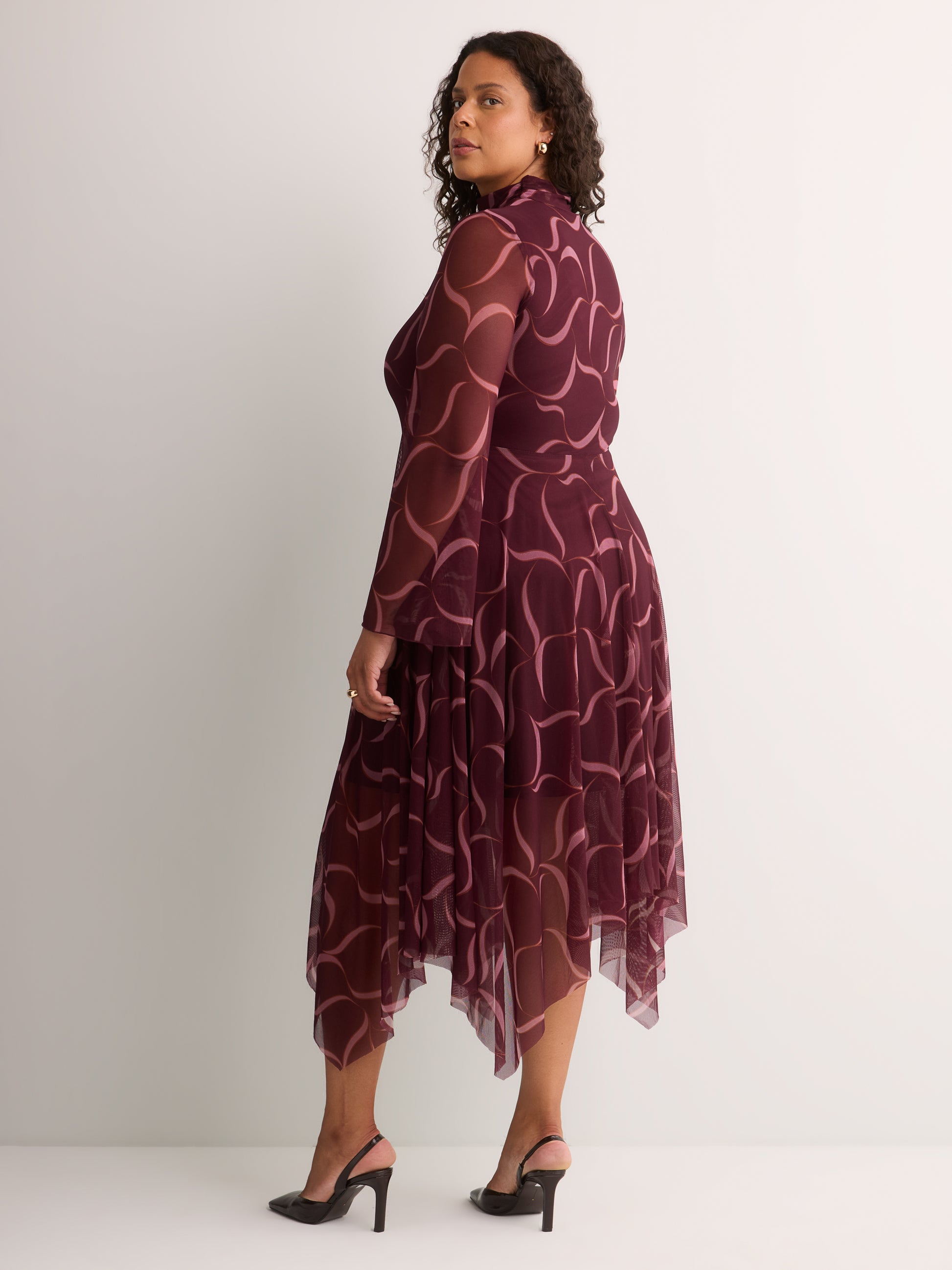 Ribbon-Print Mock-Neck Fit and Flare Midi Dress - Addition Elle