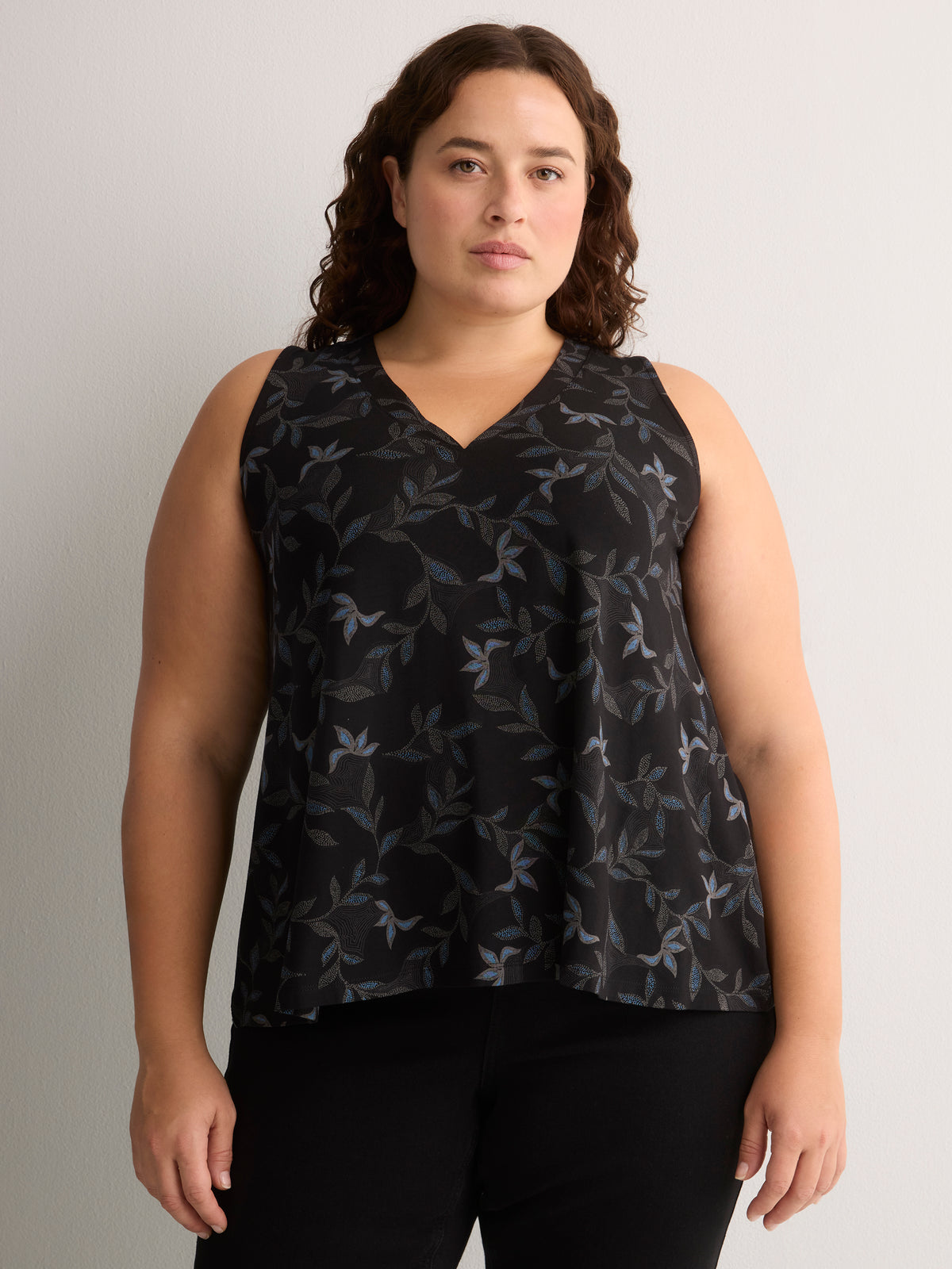 Responsible, Black Leaf-Print V-Neck Sleeveless Swing Top