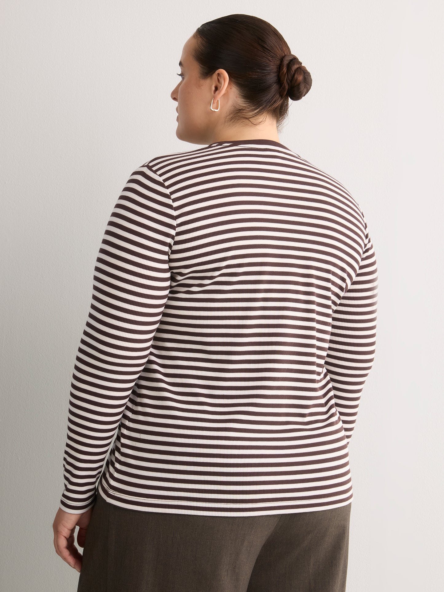 Brown Striped Boyfriend-Fit Long-Sleeve Rib Knit Tee