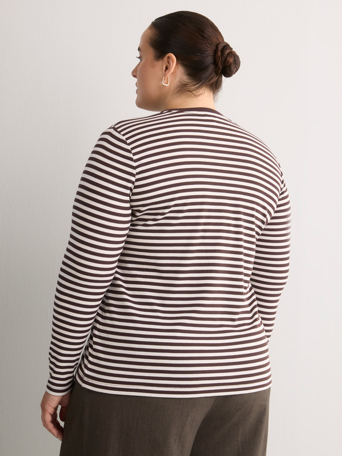 Brown Striped Boyfriend-Fit Long-Sleeve Rib Knit Tee