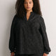 Black A-Line Denim Blouse with Split Ruffled Collar
