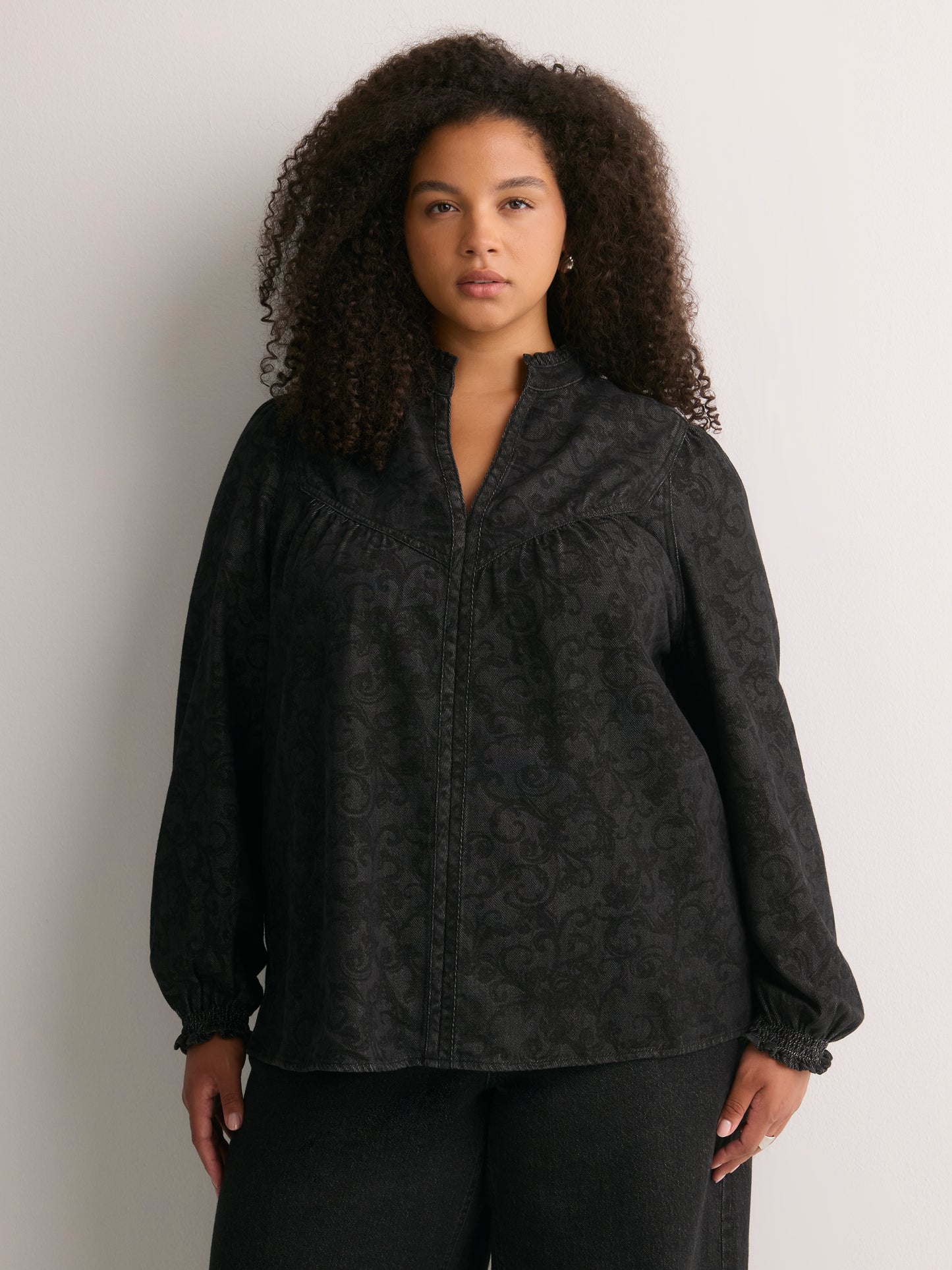 Black A-Line Denim Blouse with Split Ruffled Collar