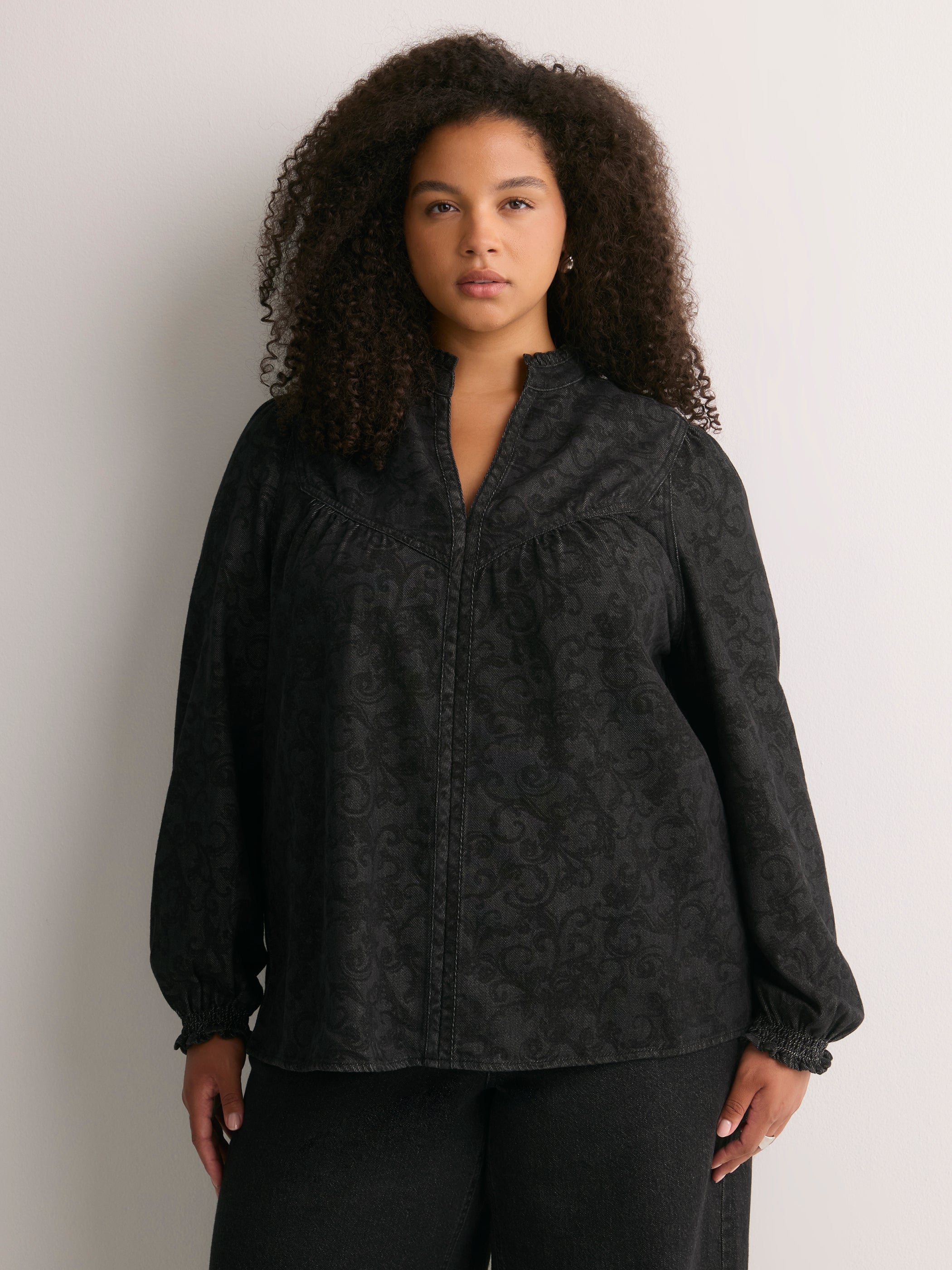 Black A-Line Denim Blouse with Split Ruffled Collar