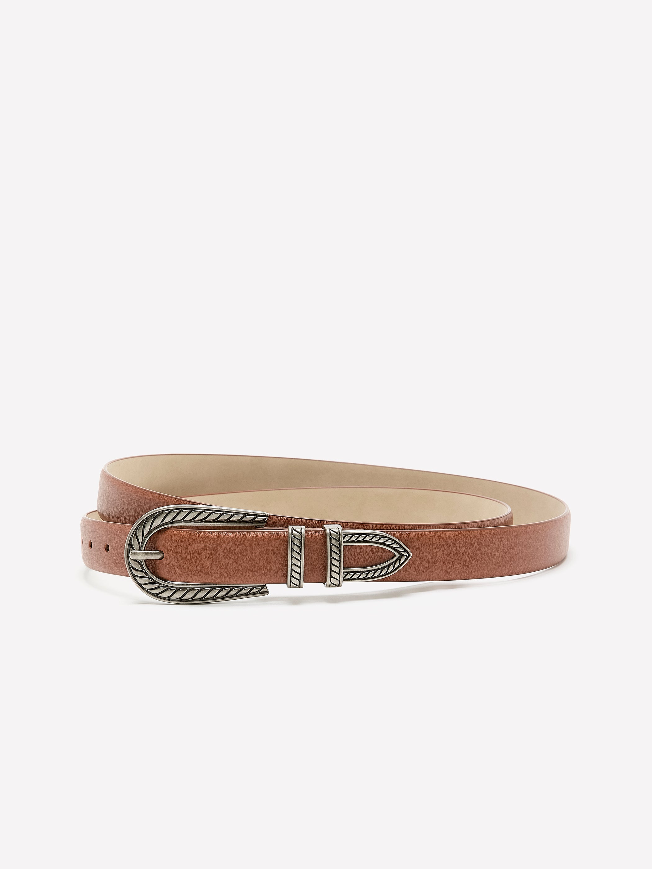 Cognac Faux-Leather Belt with Textured Oval Buckle