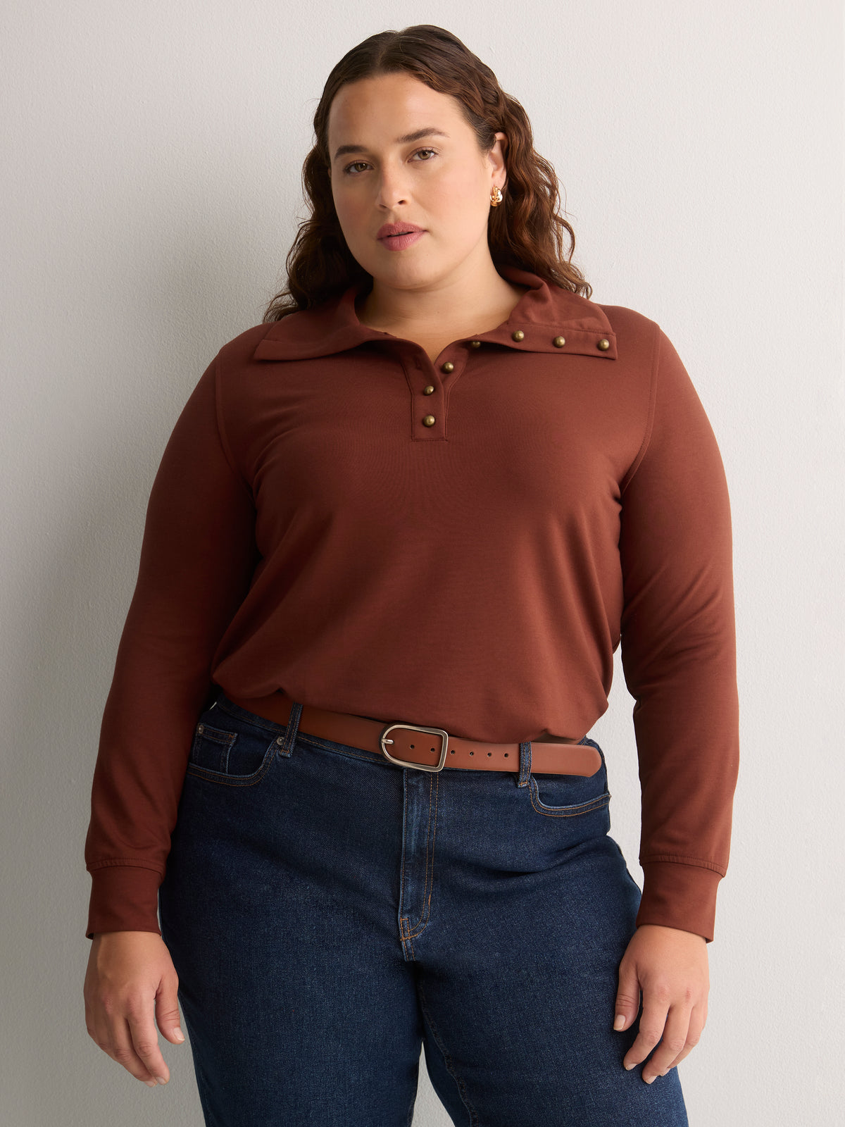 Loose French Terry Tunic Top with Buttoned Johnny Collar