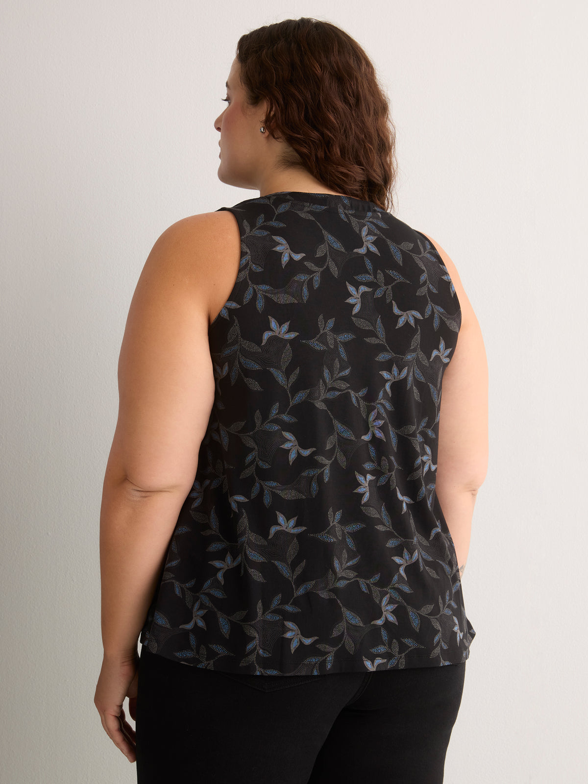 Responsible, Black Leaf-Print V-Neck Sleeveless Swing Top