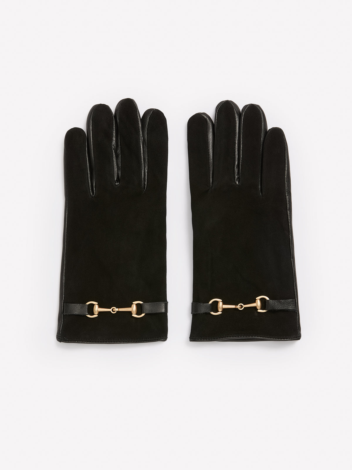 Black Leather and Suede Gloves with Horsebit Chain