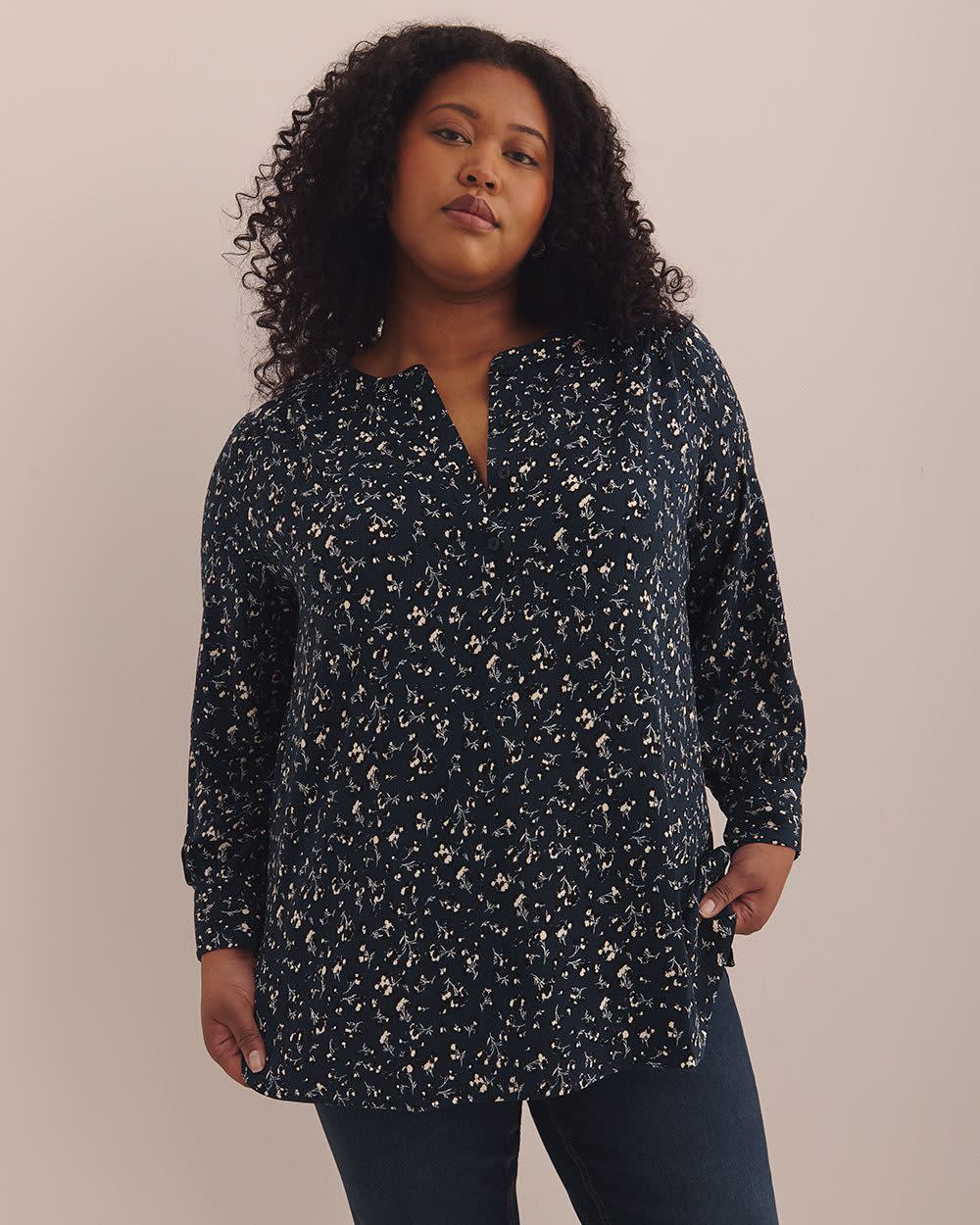 Long-Sleeve Tunic Blouse with Buttoned Crewneck