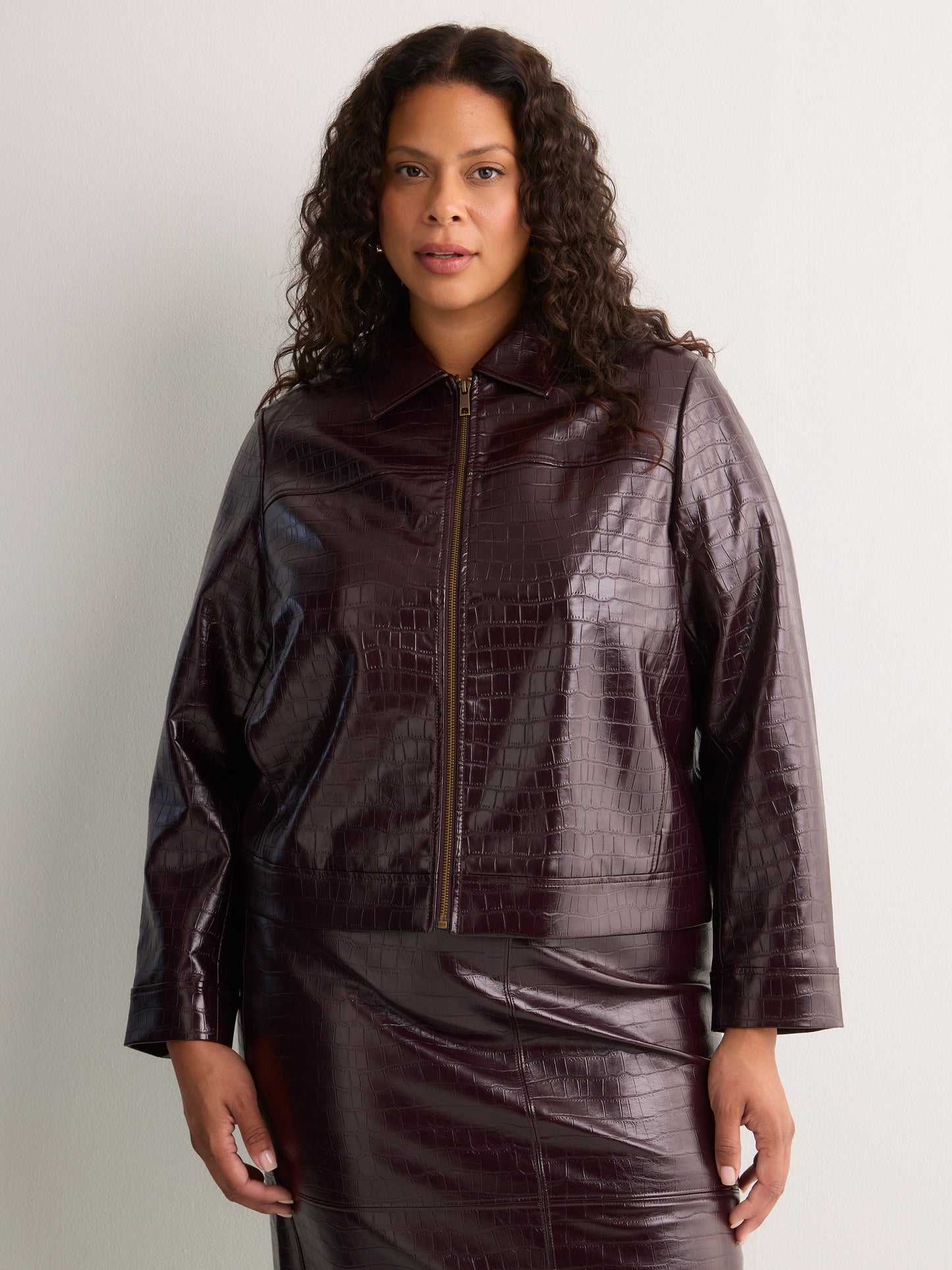 Short Faux Croco Leather Jacket