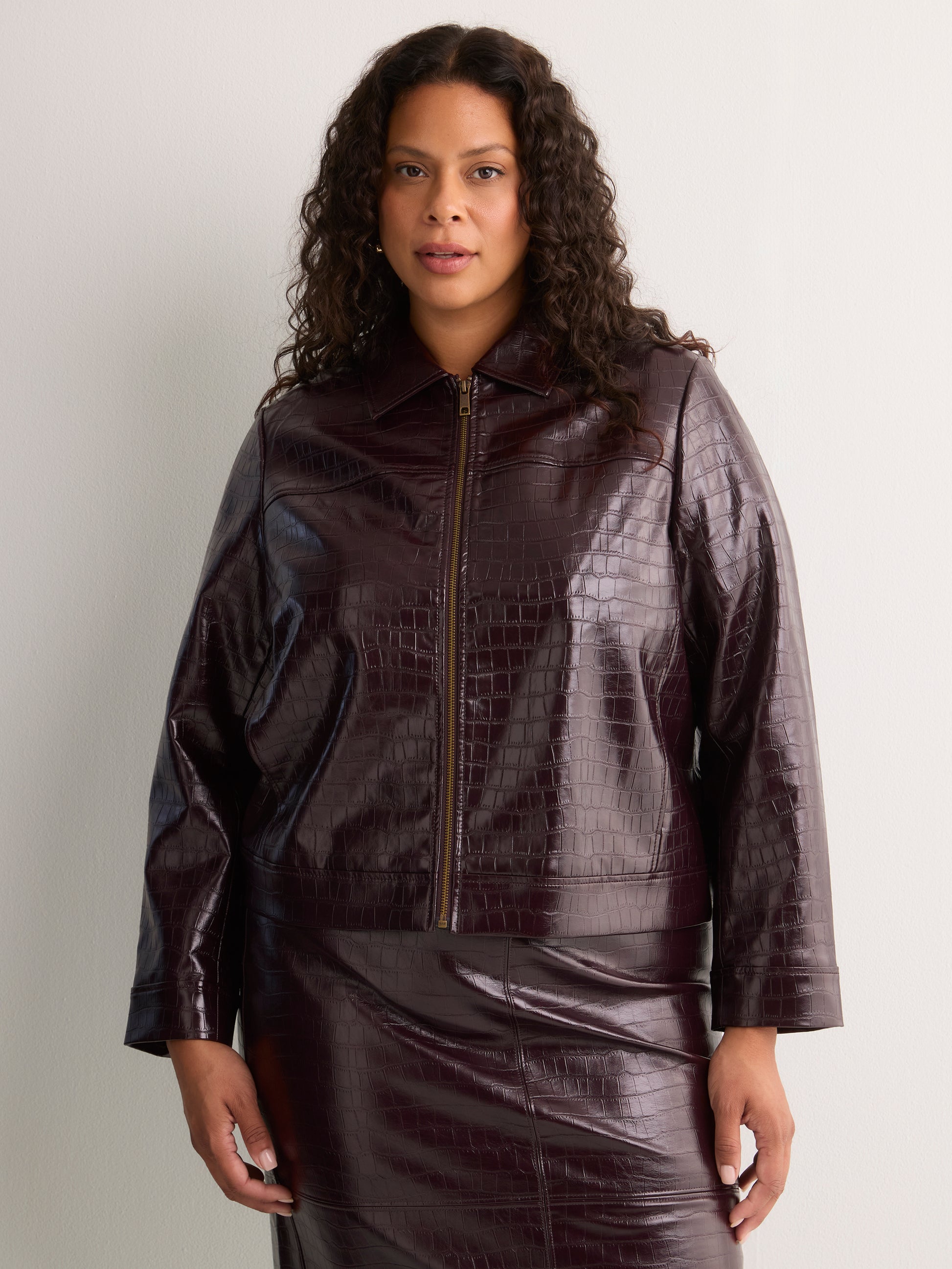 Short Faux Croco Leather Jacket