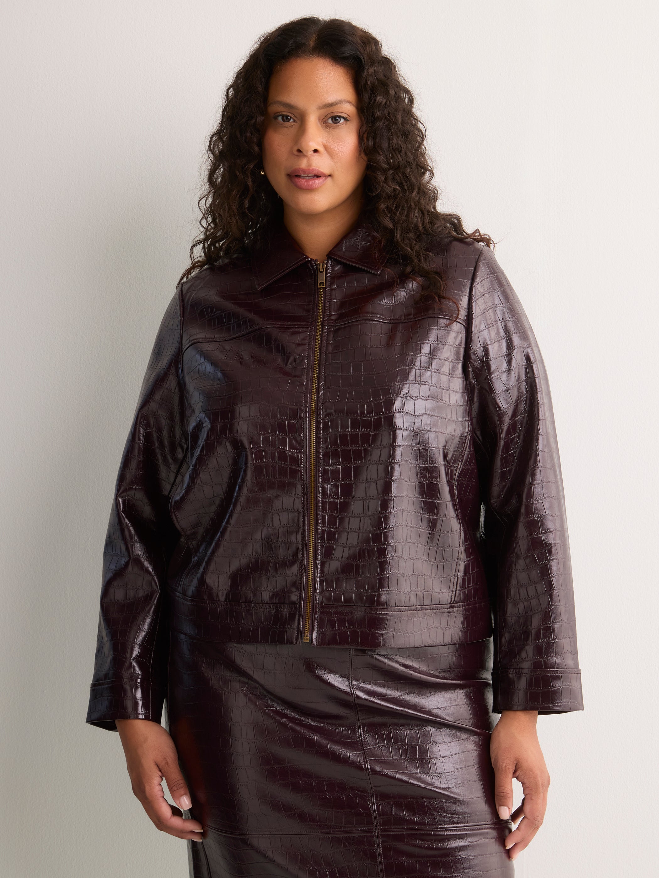 Short Faux Croco Leather Jacket