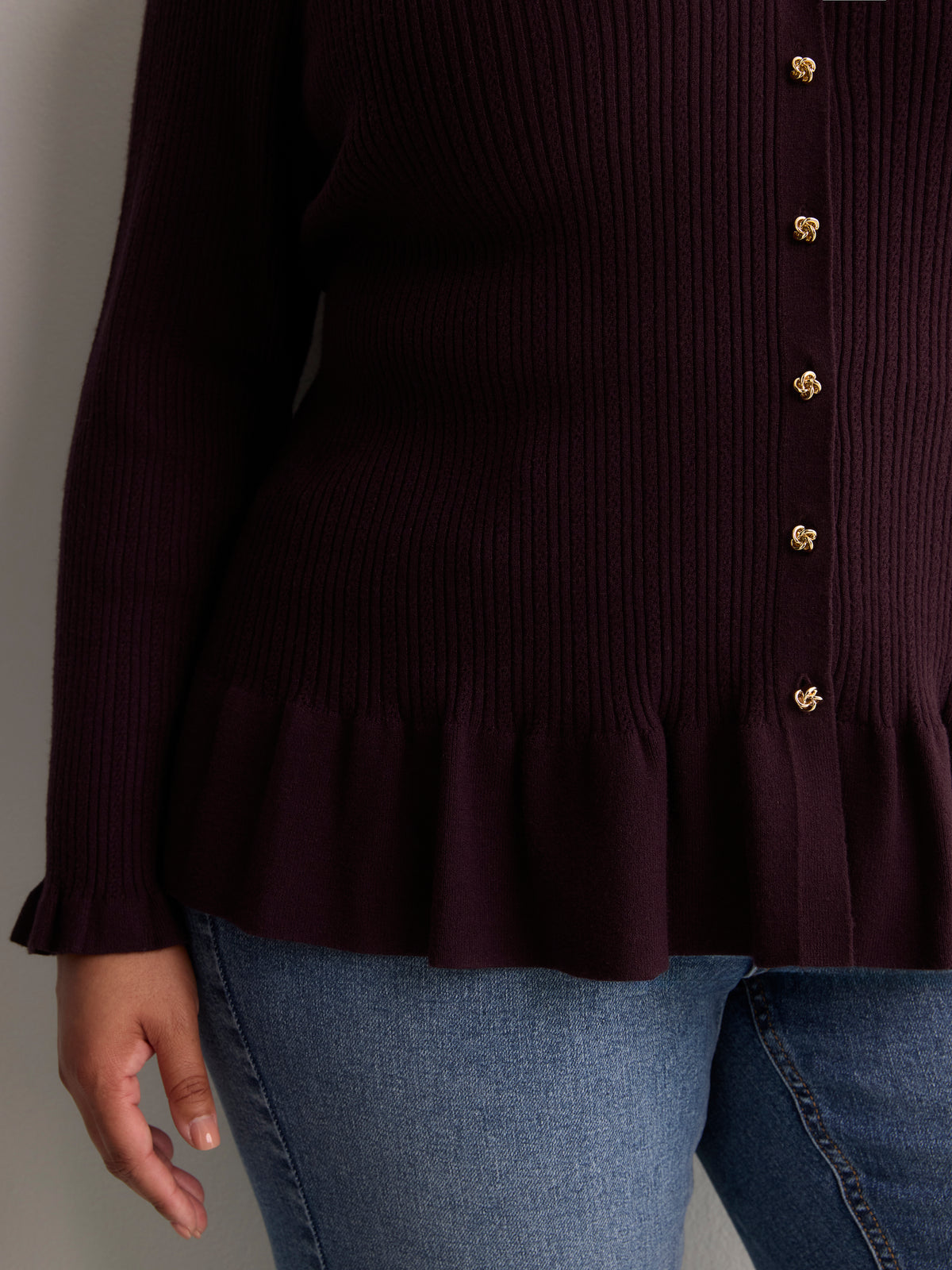 Responsible, Fit and Flare Peplum Button-Down Sweater