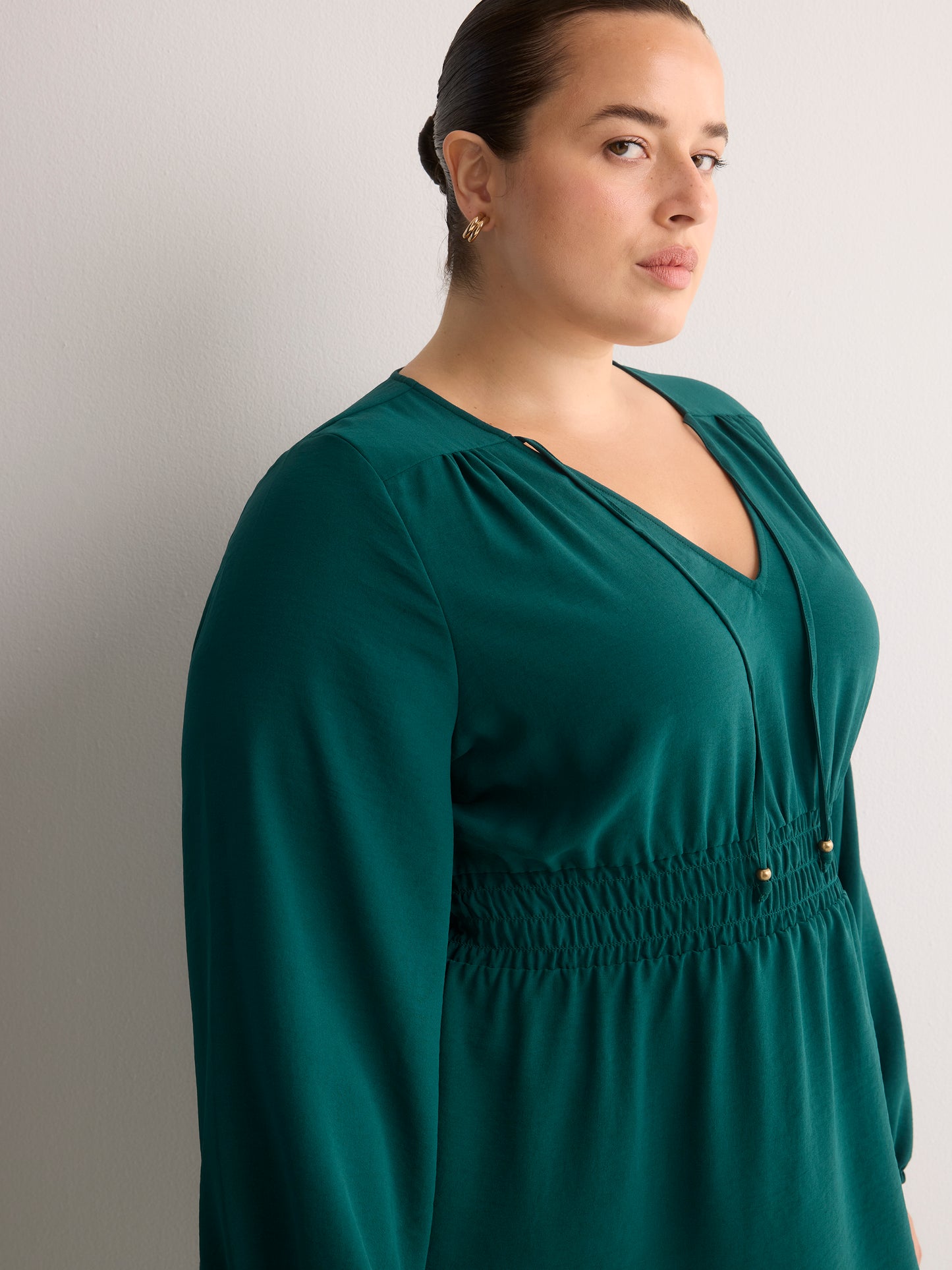 V-Neck Long-Sleeve Elastic-Waist Woven Blouse