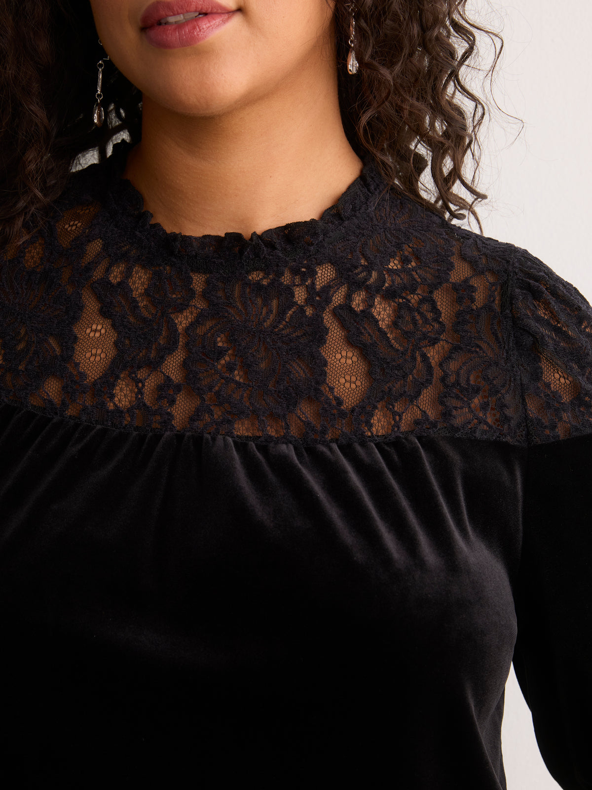 Black Velour Elbow-Sleeve A-Line Blouse with Lace