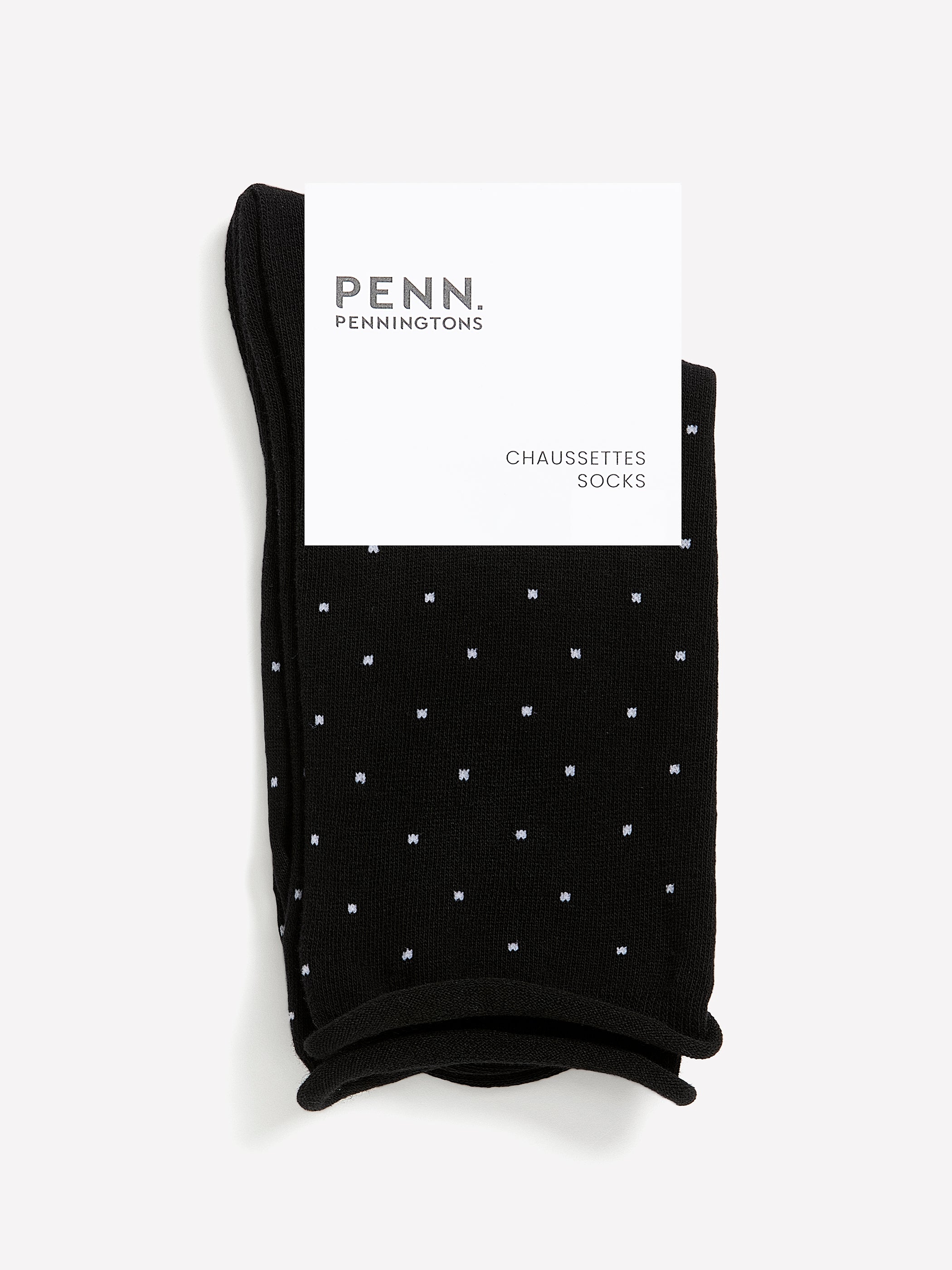 Black Rolled-Edge Crew Socks with Micro Dot Print