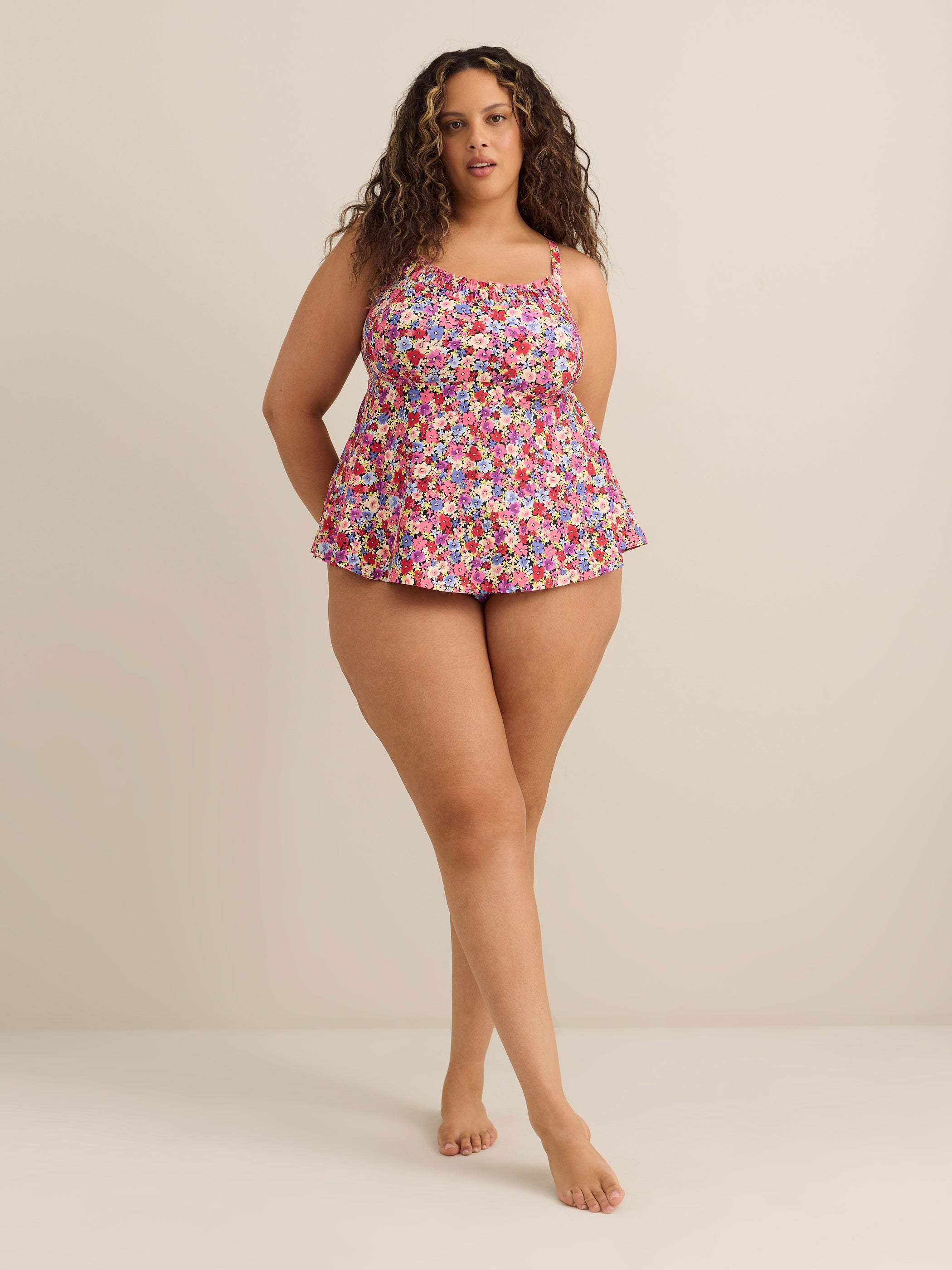 Floral Full Swing Tankini Top with Smocking Detail