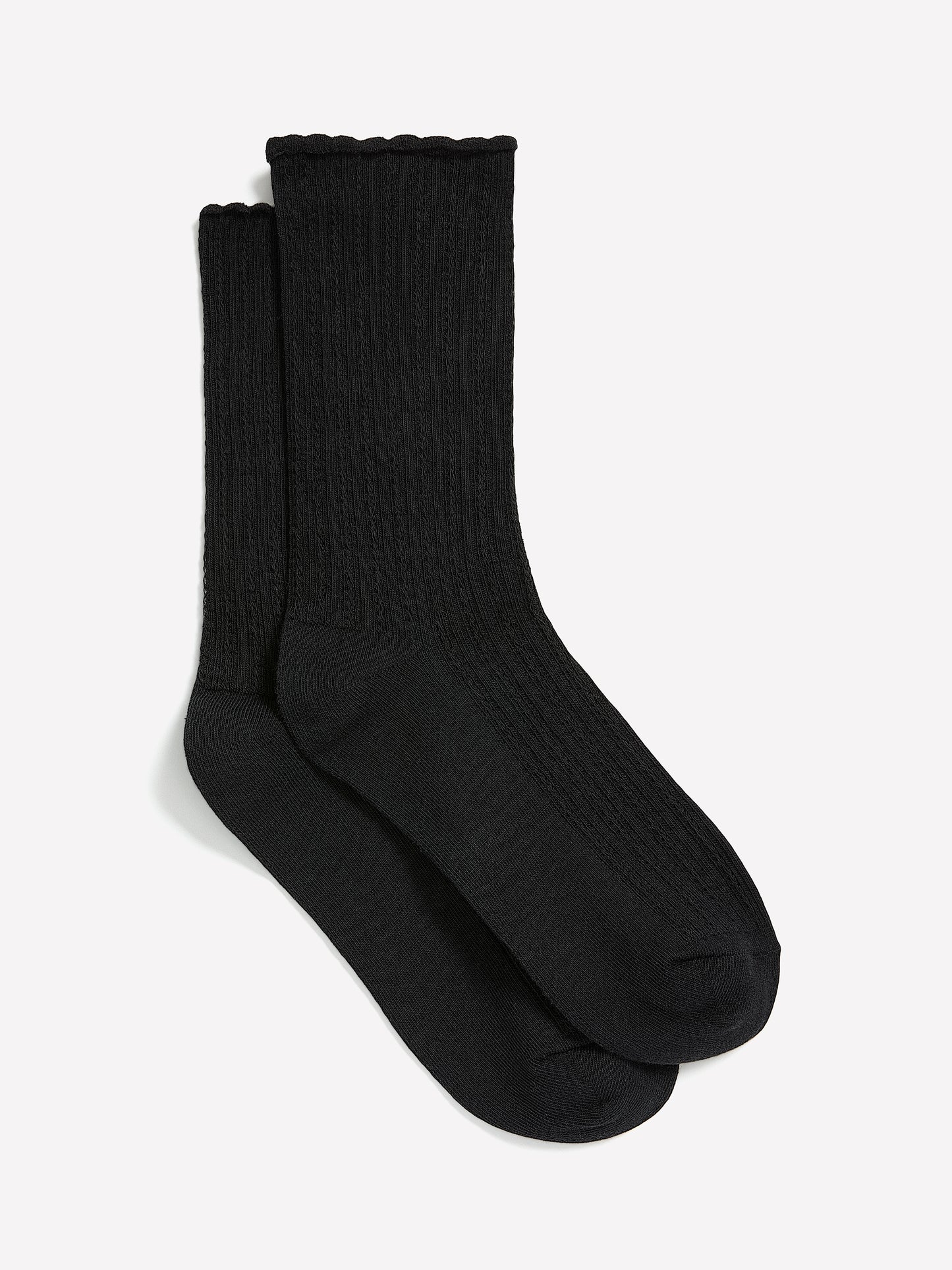 Black Textured Crew Socks with Scalloped Edge