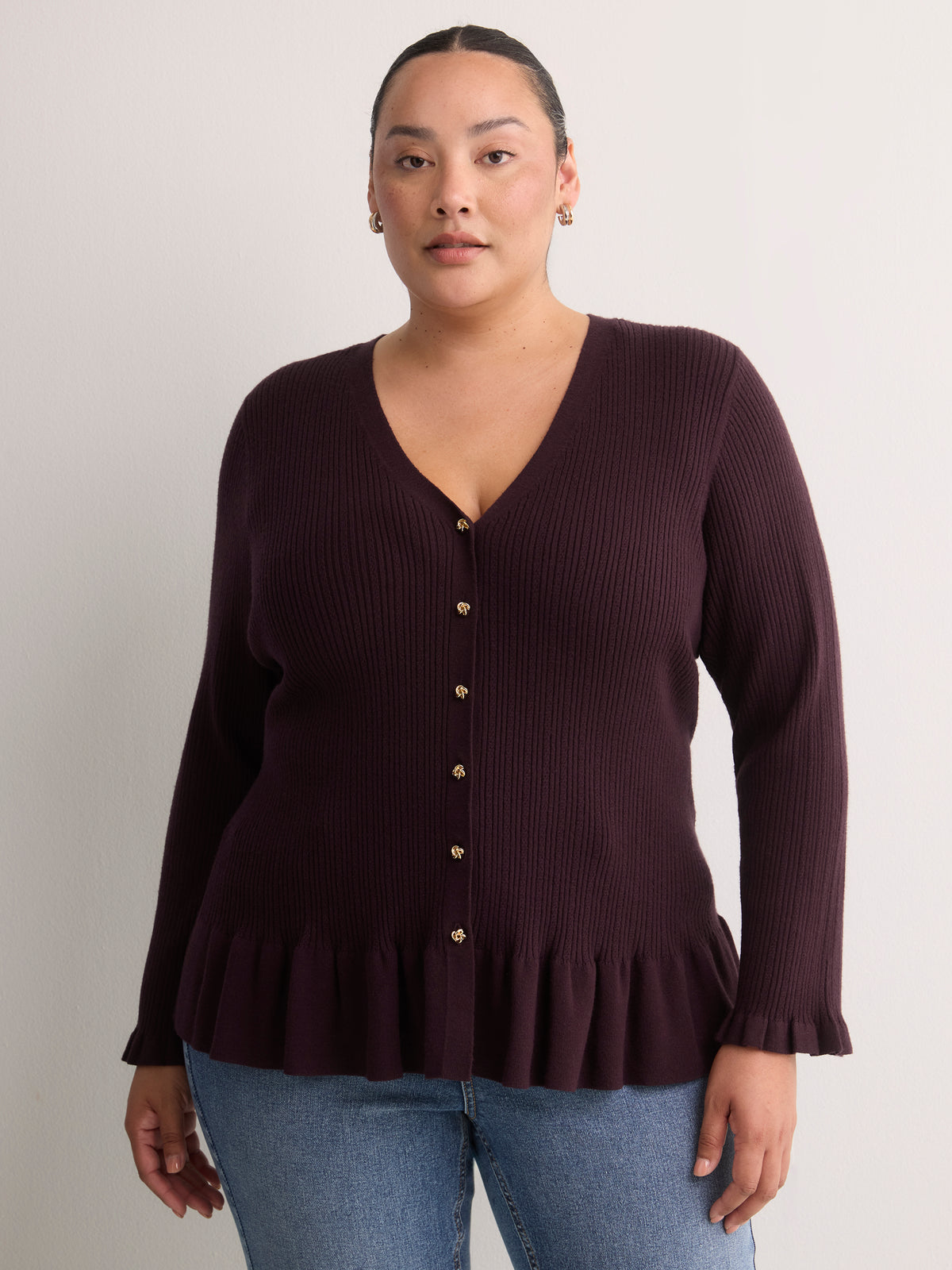 Responsible, Fit and Flare Peplum Button-Down Sweater