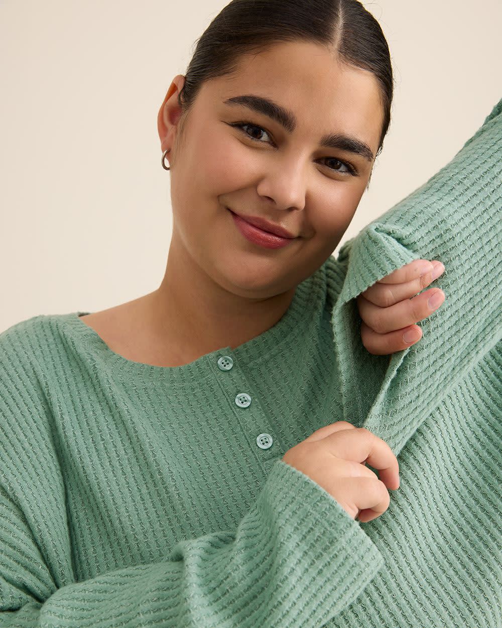 tiVOGLIO Knit PJ Top – Brushed Waffle, Long Sleeve, Henley Neck