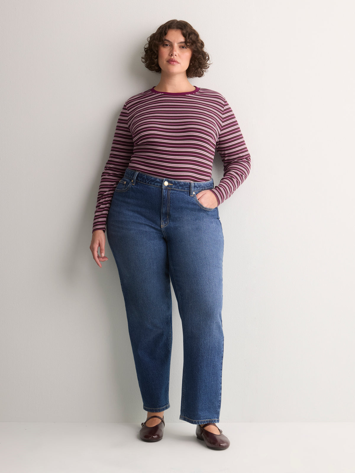 Brown Striped Boyfriend-Fit Long-Sleeve Rib Knit Tee